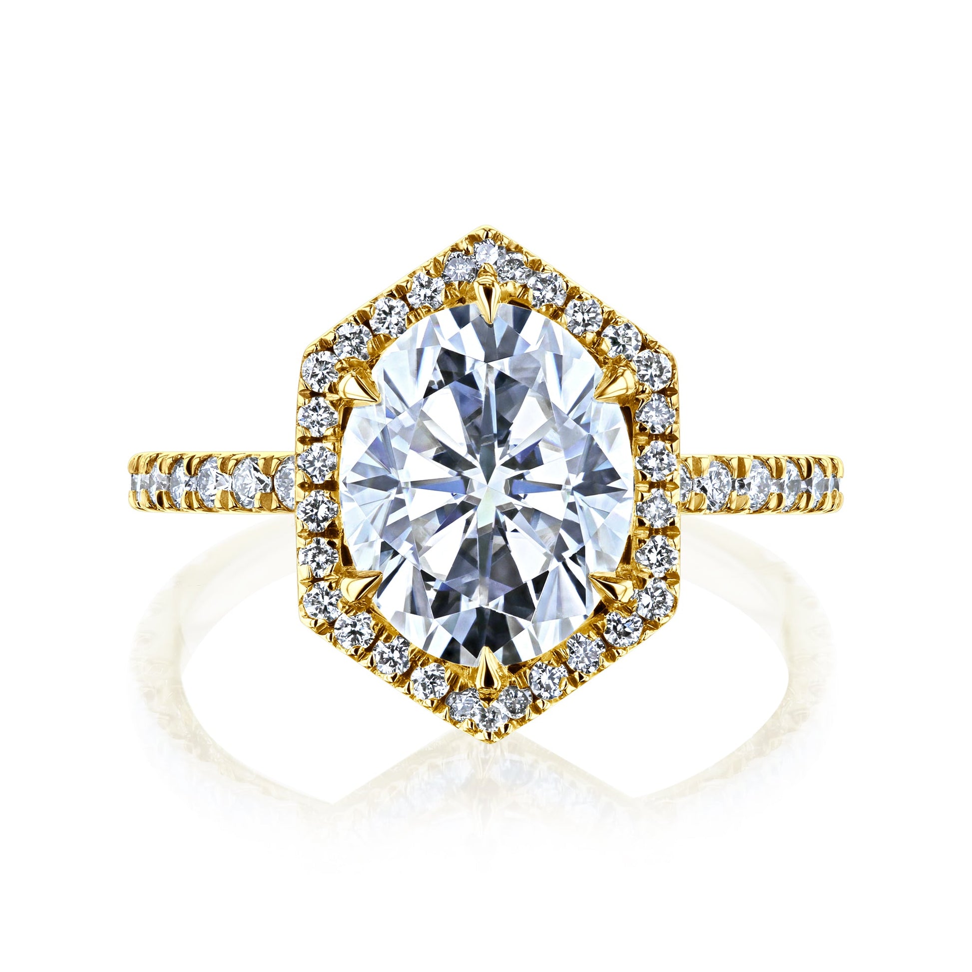 Kobelli Hexagon Halo 3ct Oval Moissanite & 0.50ct Diamond Engagement Ring in 14k Gold - Saturday Collection