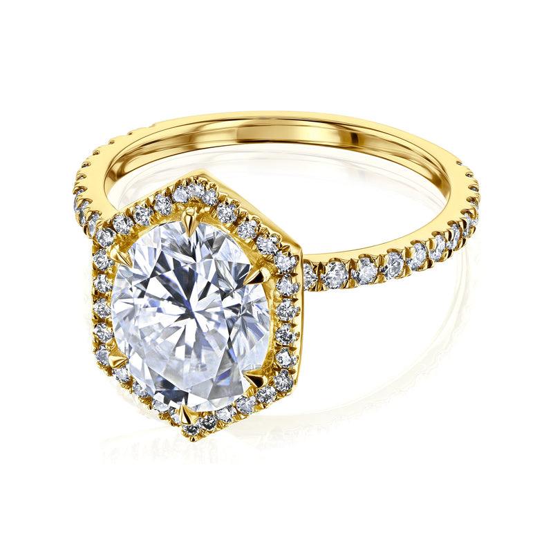 Kobelli Hexagon Halo 3ct Oval Moissanite & 0.50ct Diamond Engagement Ring in 14k Gold - Saturday Collection