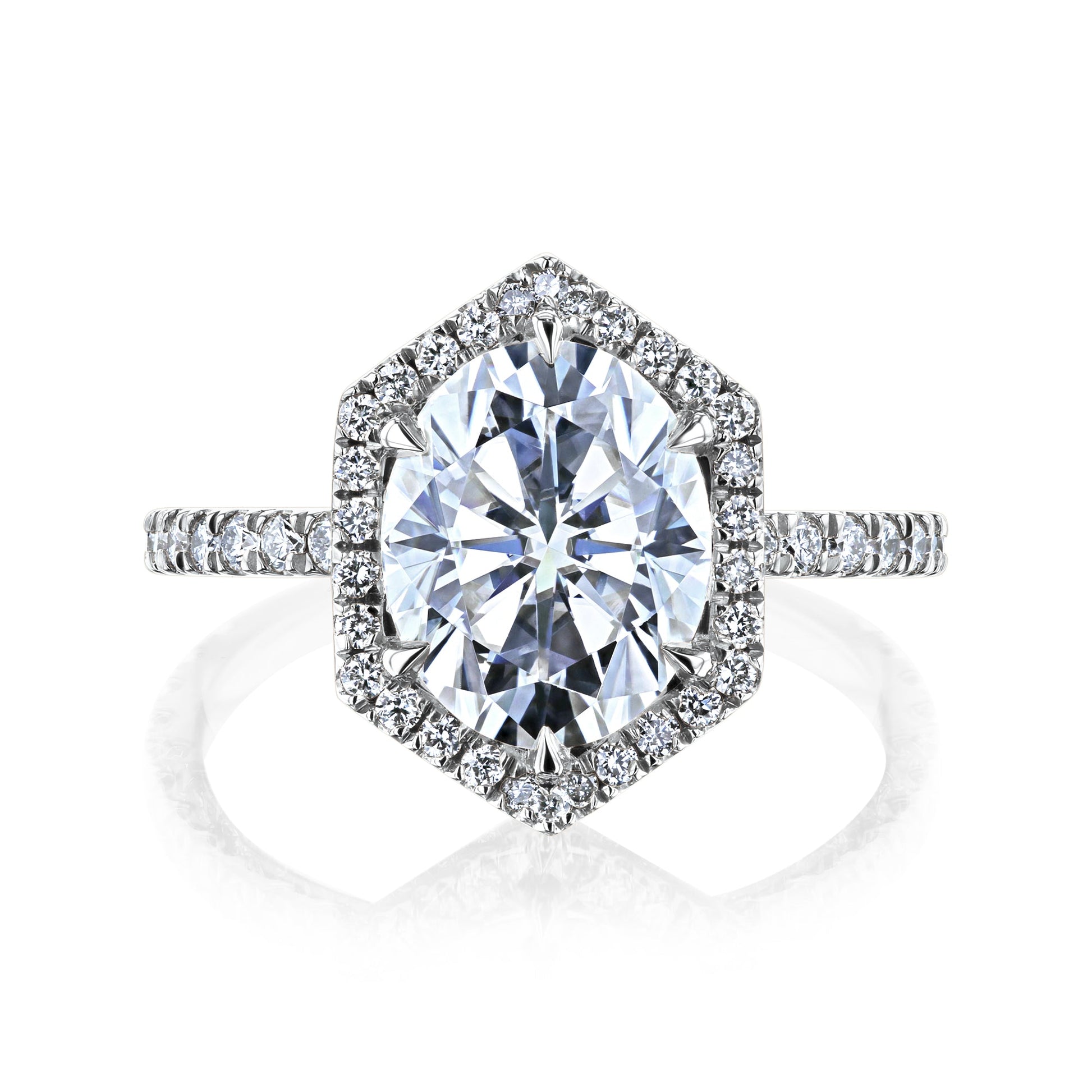 Kobelli Hexagon Halo 3ct Oval Moissanite & 0.50ct Diamond Engagement Ring in 14k Gold - Saturday Collection