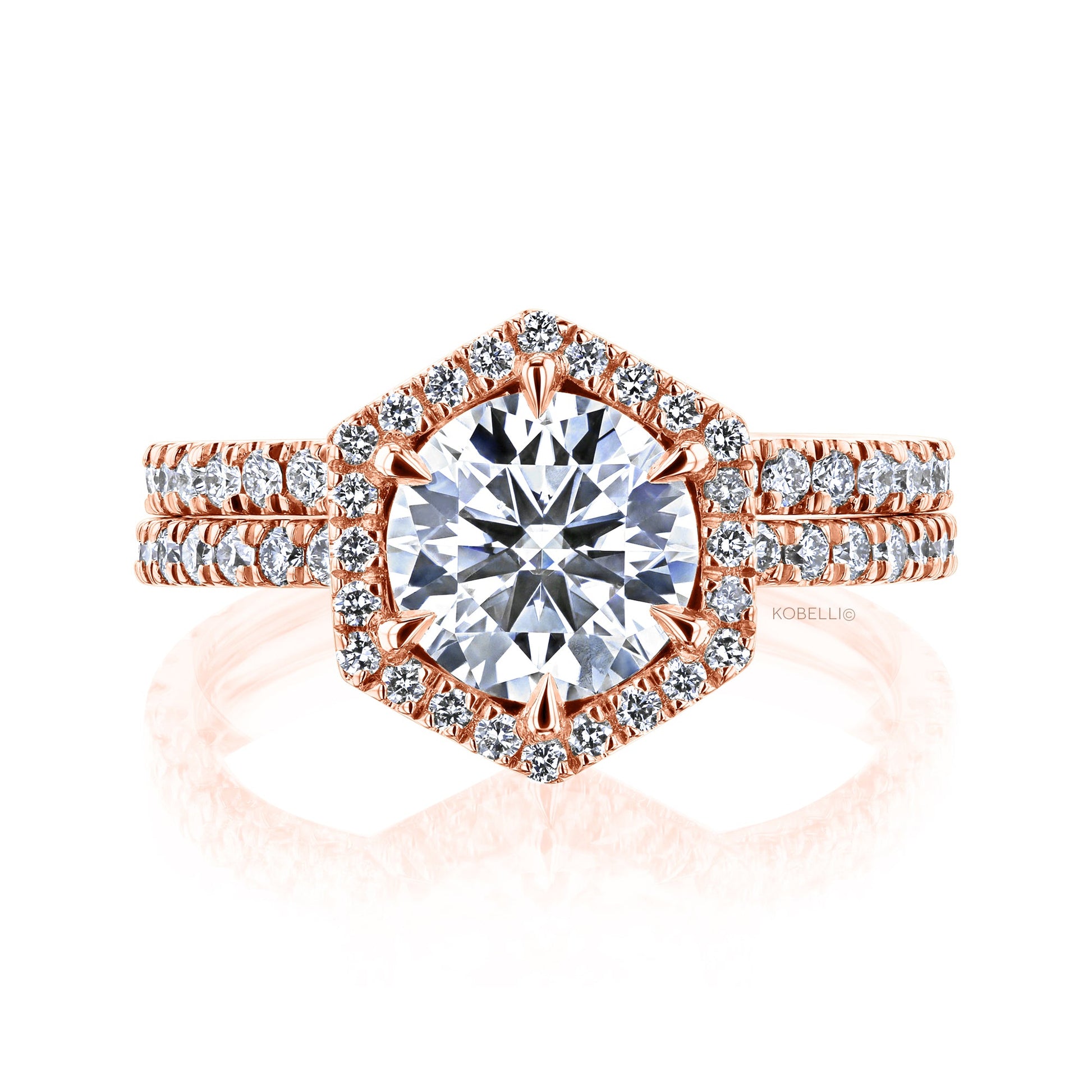 Kobelli Hexagon Halo 1.5ct Round Moissanite and Diamond Rings