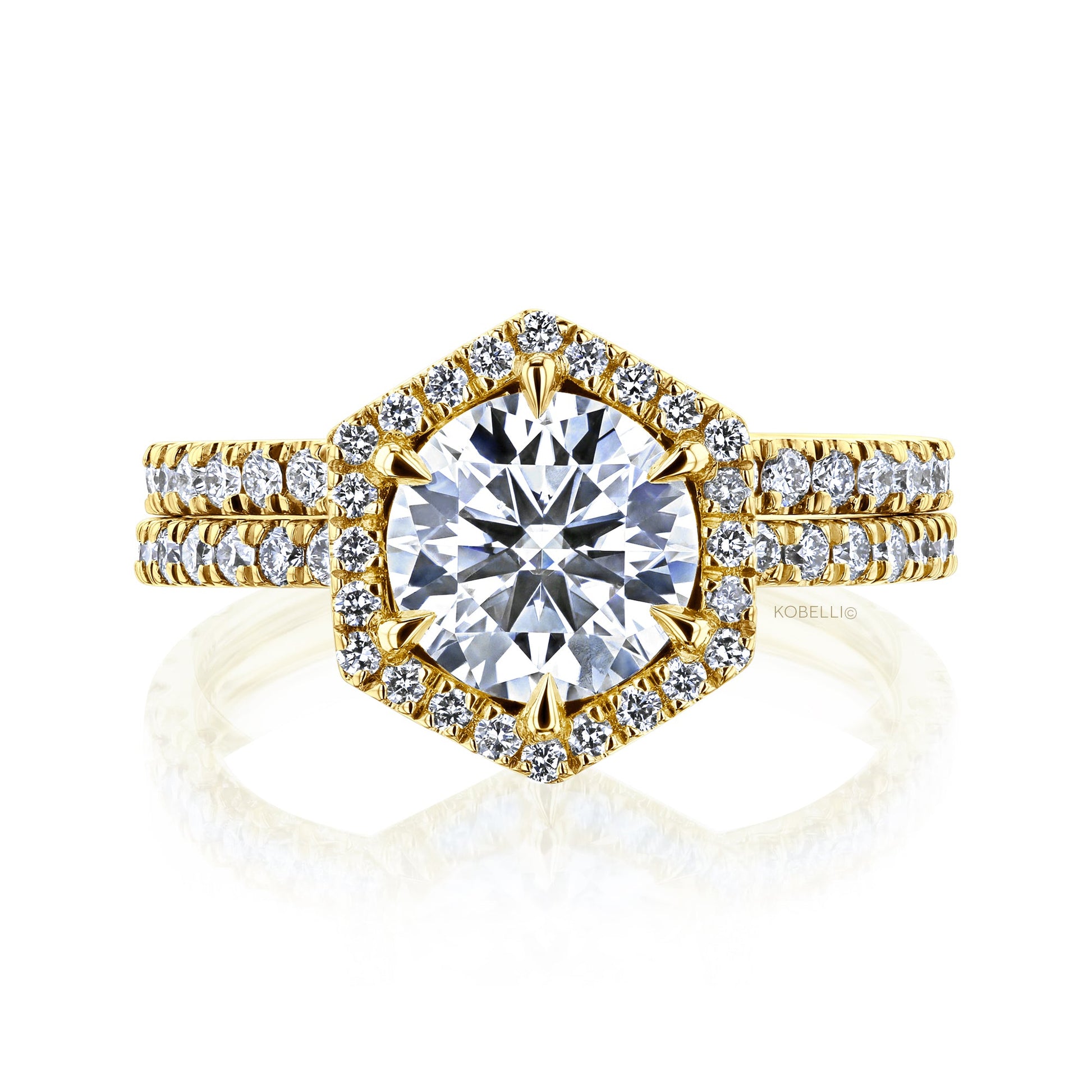 Kobelli Hexagon Halo 1.5ct Round Moissanite and Diamond Rings