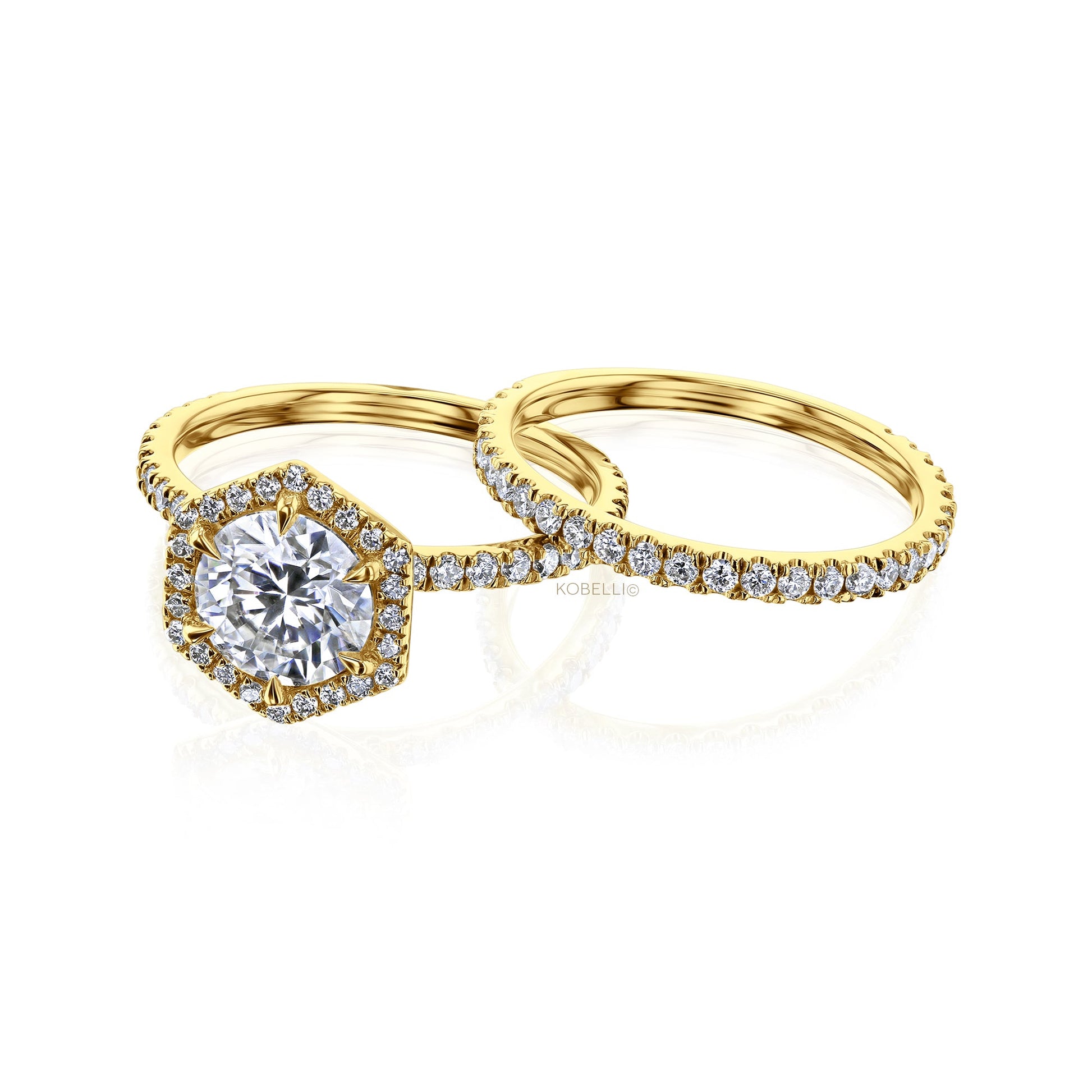 Kobelli Hexagon Halo 1.5ct Round Moissanite and Diamond Rings