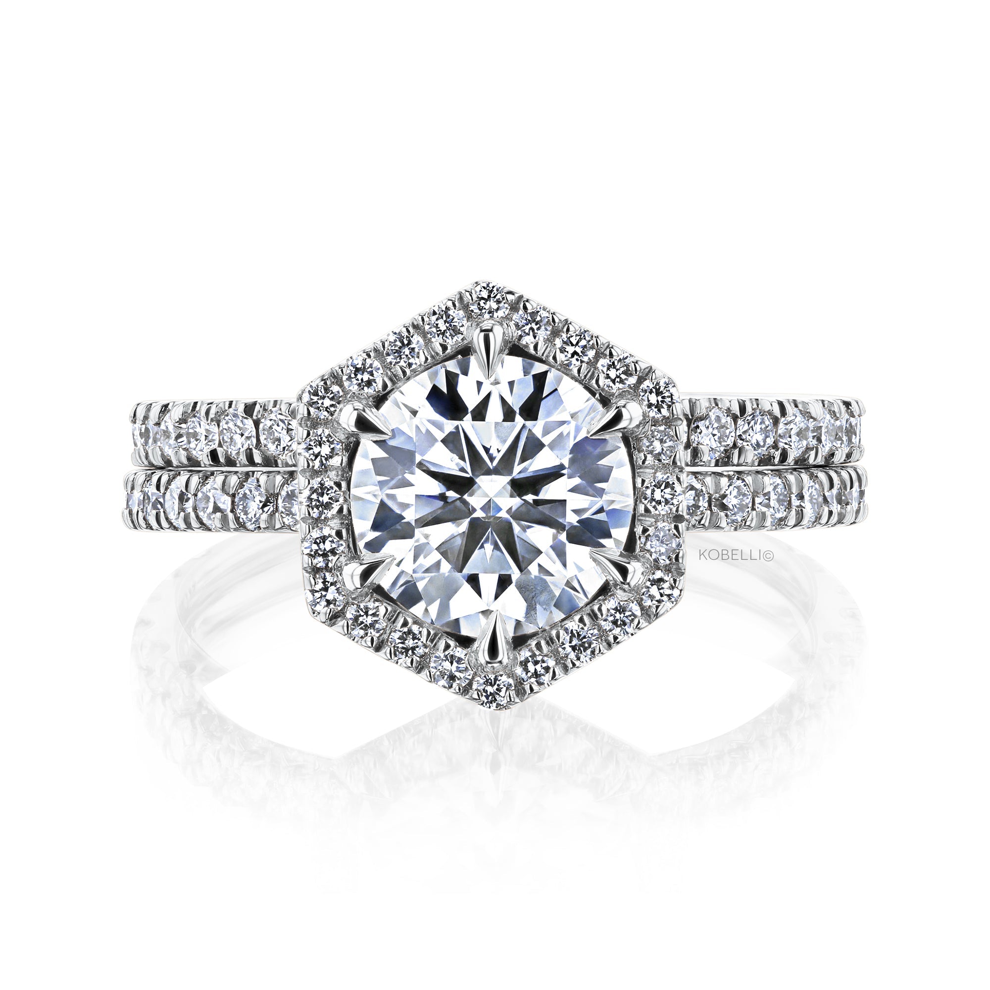 Kobelli Hexagon Halo 1.5ct Round Moissanite and Diamond Rings