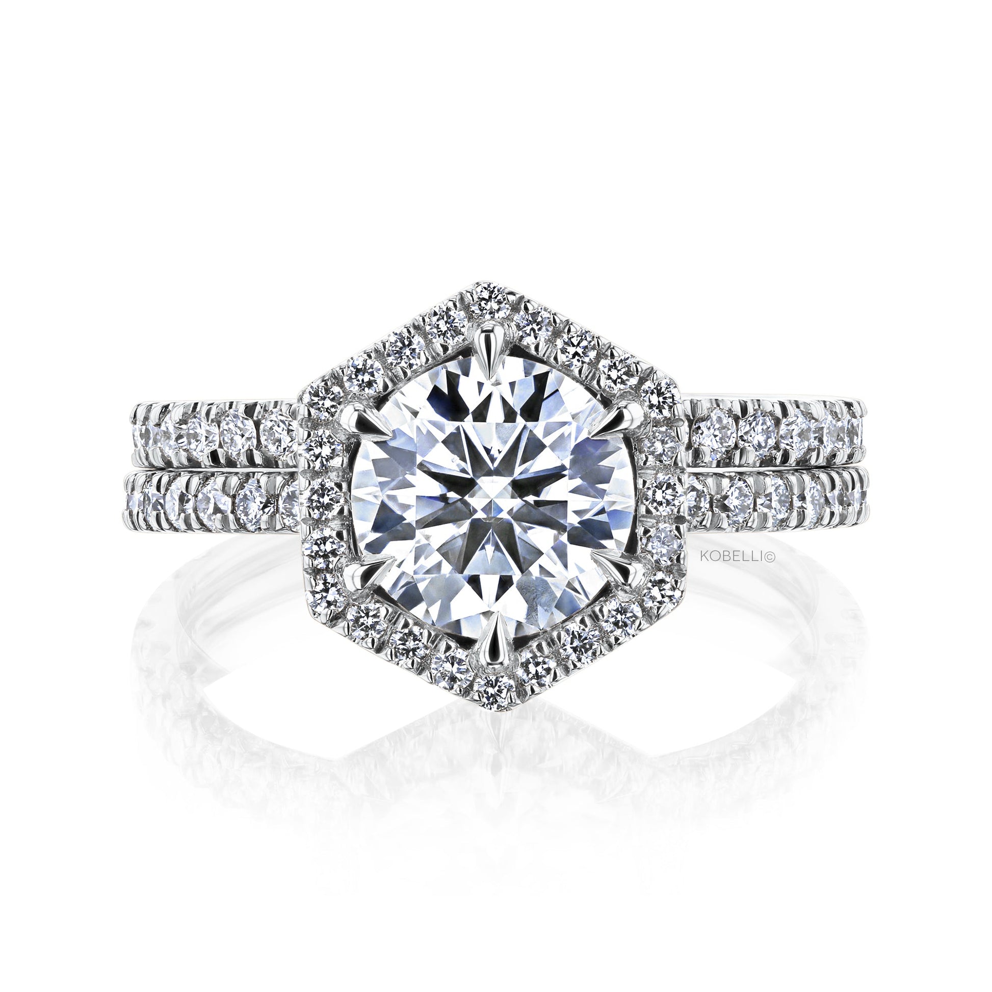Kobelli Hexagon Halo 1.5ct Round Moissanite and Diamond Rings