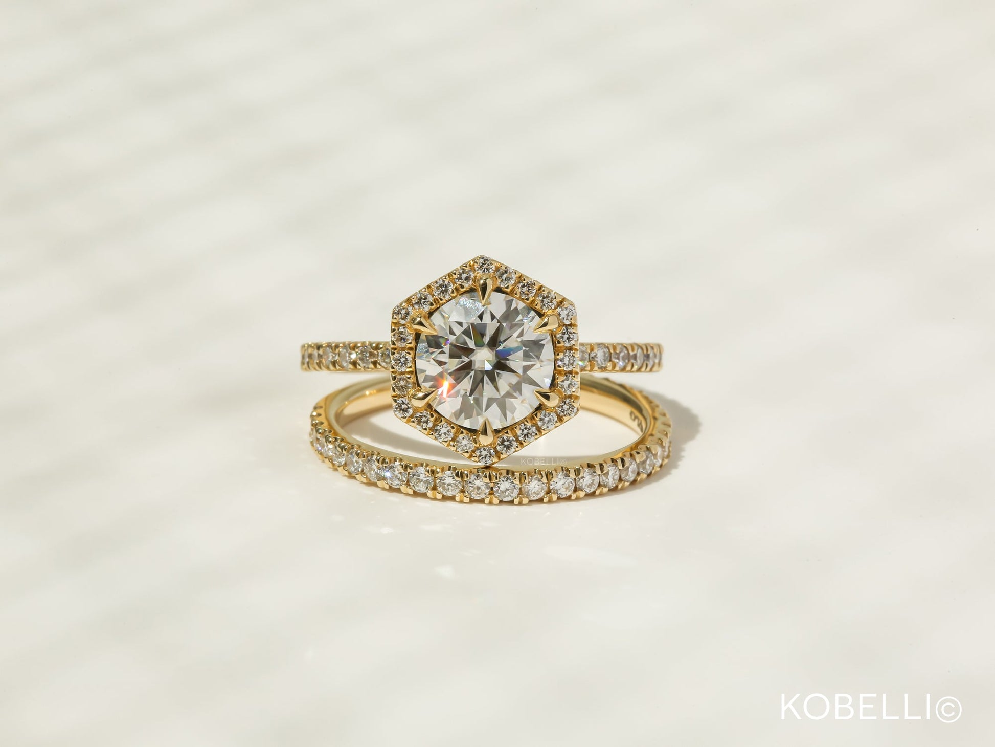 Kobelli Hexagon Halo 1.5ct Round Moissanite and Diamond Rings