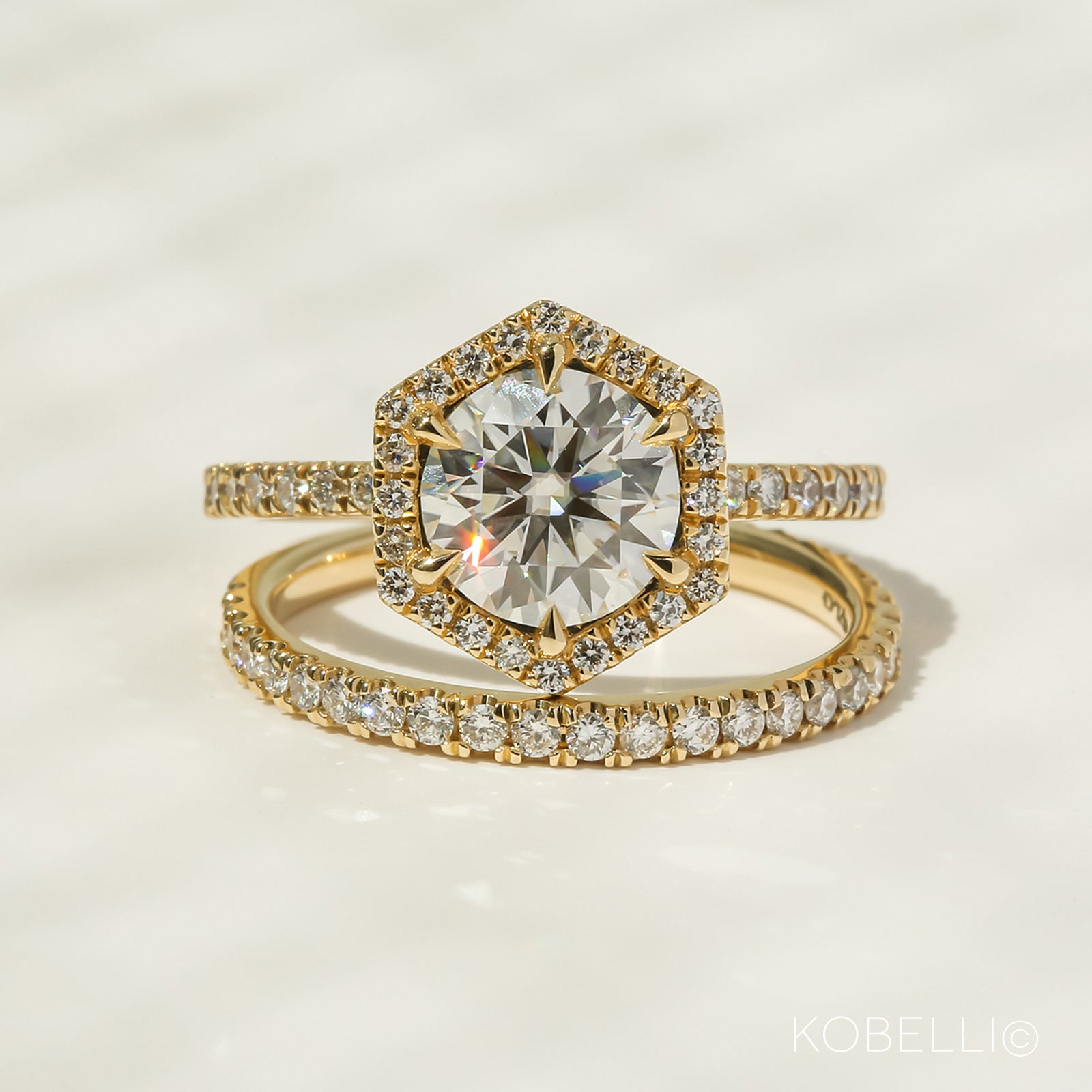 Kobelli Hexagon Halo 1.5ct Round Moissanite and Diamond Rings