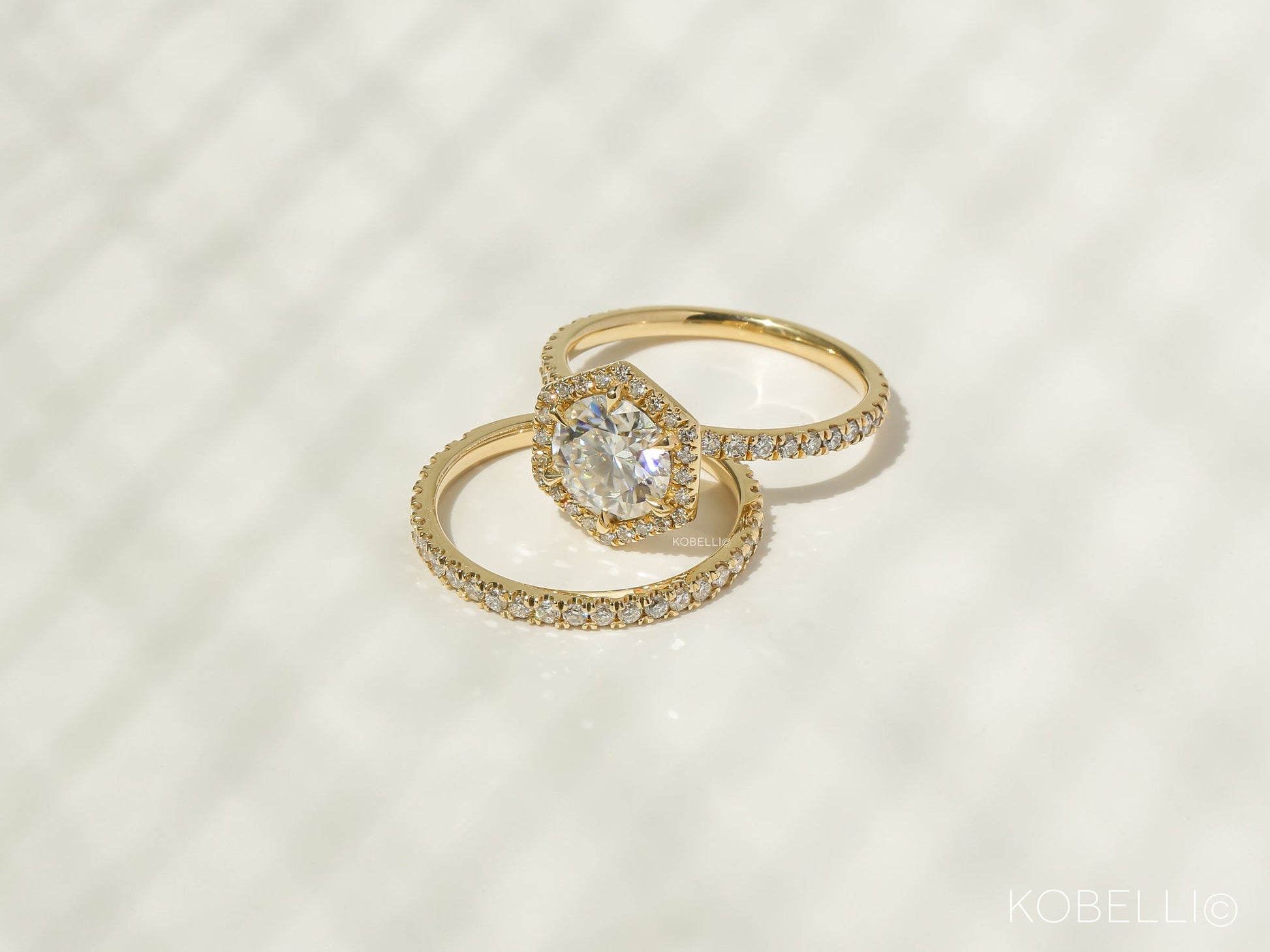 Kobelli Hexagon Halo 1.5ct Round Moissanite and Diamond Rings