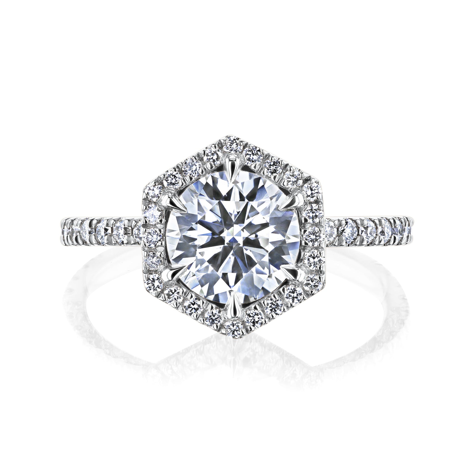Kobelli Hexagon Halo 1.5ct Round Moissanite & 0.5ct Diamond Engagement Ring in 14k Gold - Saturday Collection