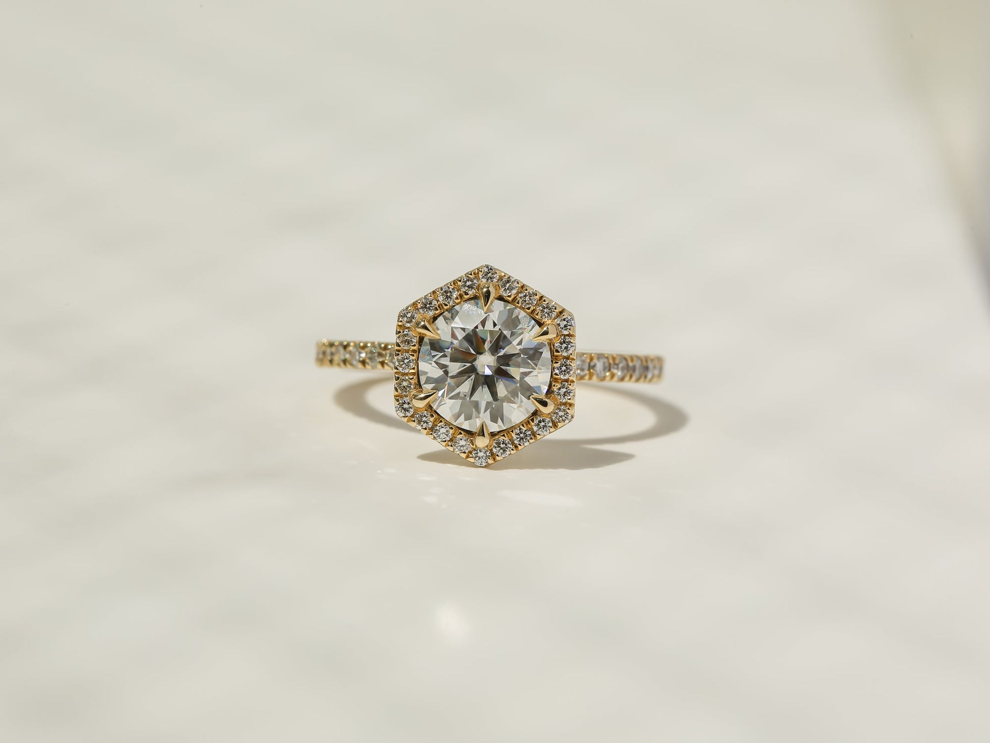 Kobelli Hexagon Halo 1.5ct Round Moissanite & 0.5ct Diamond Engagement Ring in 14k Gold - Saturday Collection