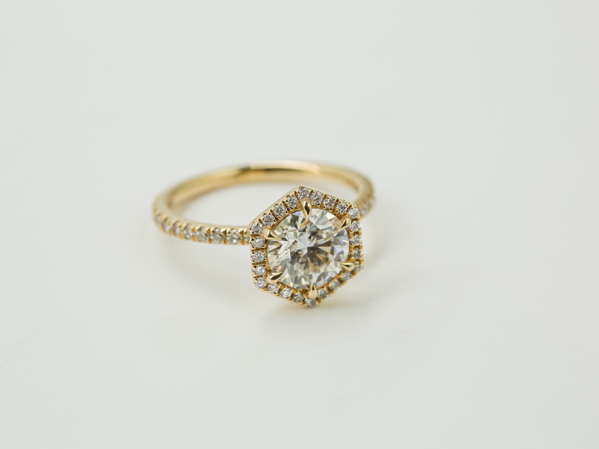 Kobelli Hexagon Halo 1.5ct Round Moissanite & 0.5ct Diamond Engagement Ring in 14k Gold - Saturday Collection