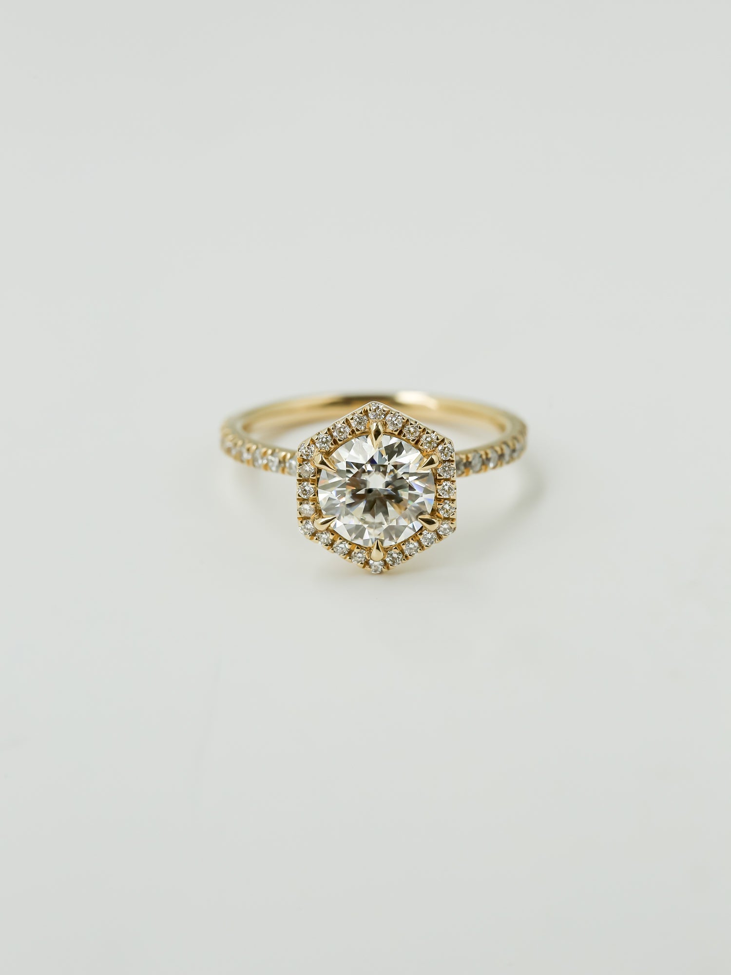 Kobelli Hexagon Halo 1.5ct Round Moissanite & 0.5ct Diamond Engagement Ring in 14k Gold - Saturday Collection