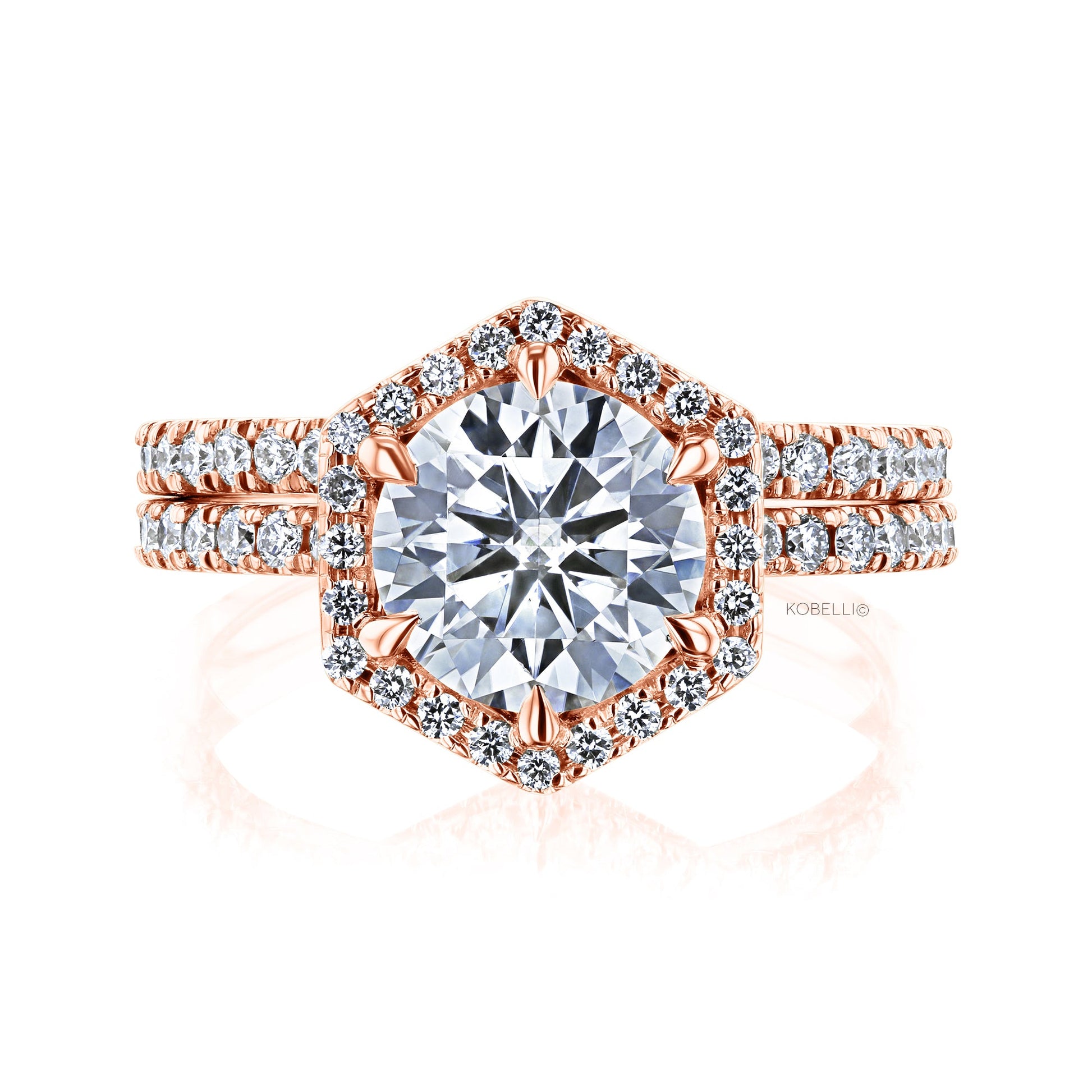 Kobelli Hexagon Halo 1.9ct Round Moissanite and Diamond Rings