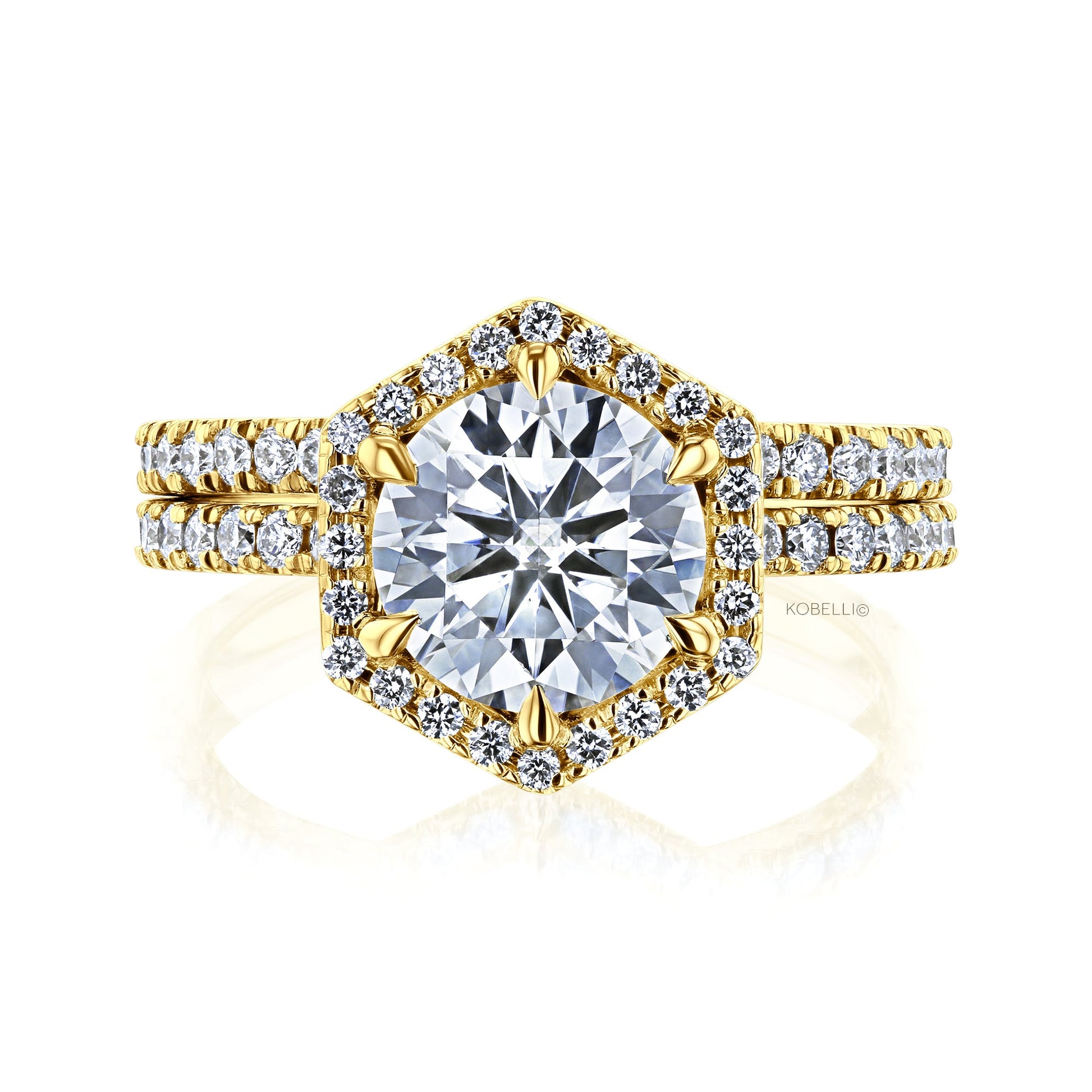 Kobelli Hexagon Halo 1.9ct Round Moissanite and Diamond Rings