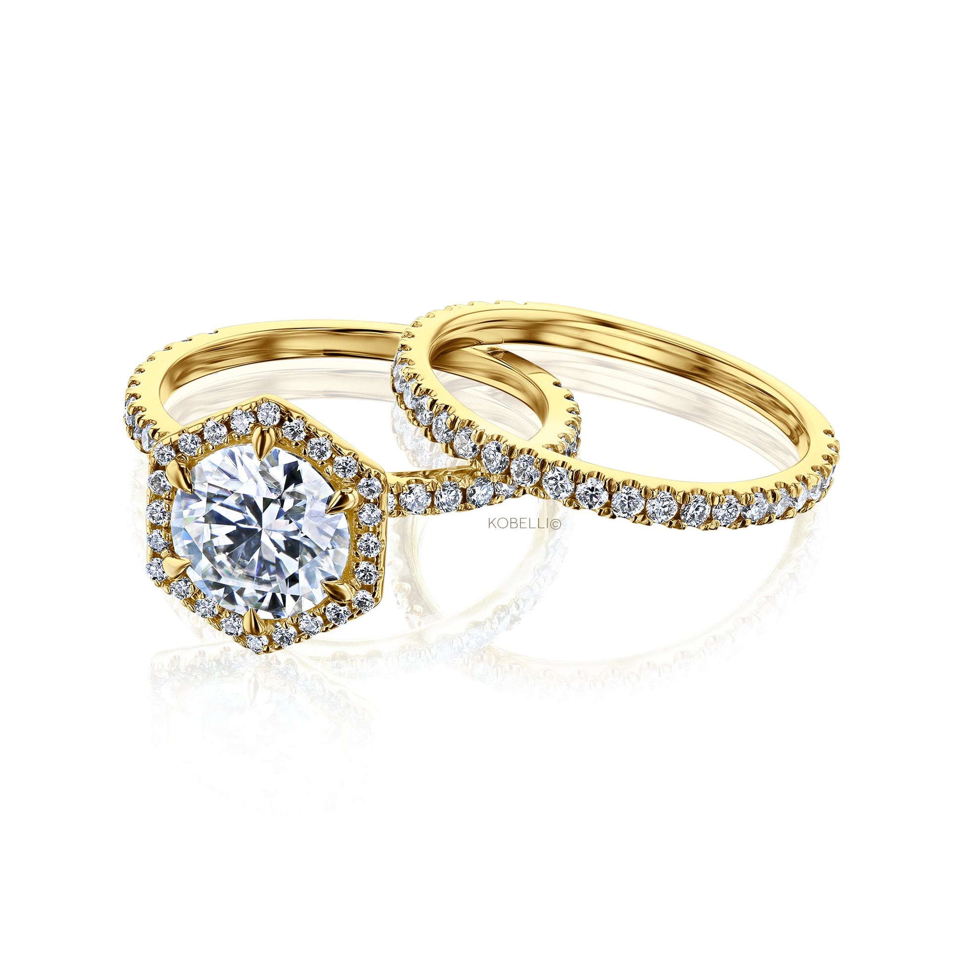 Kobelli Hexagon Halo 1.9ct Round Moissanite and Diamond Rings