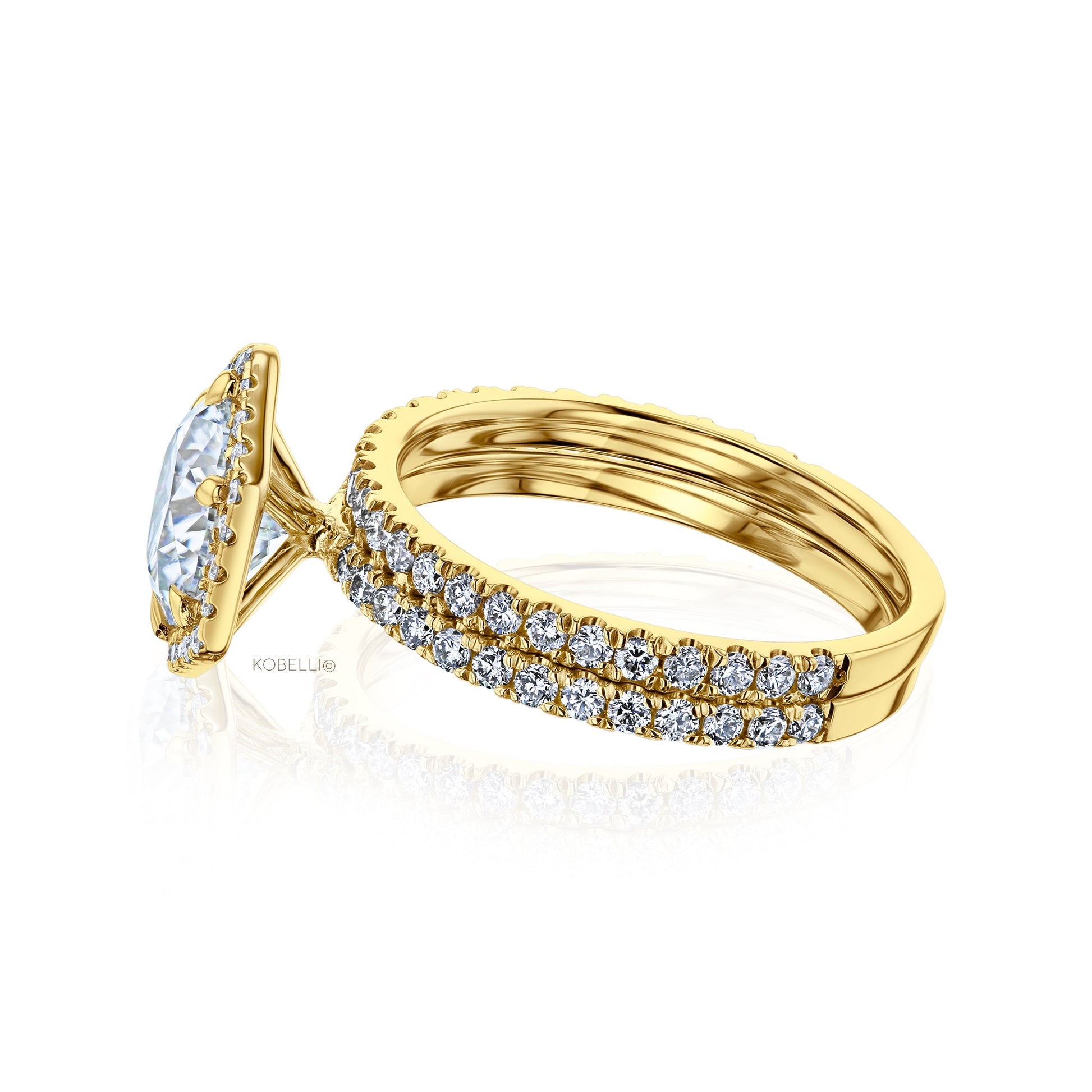 Kobelli Hexagon Halo 1.9ct Round Moissanite and Diamond Rings