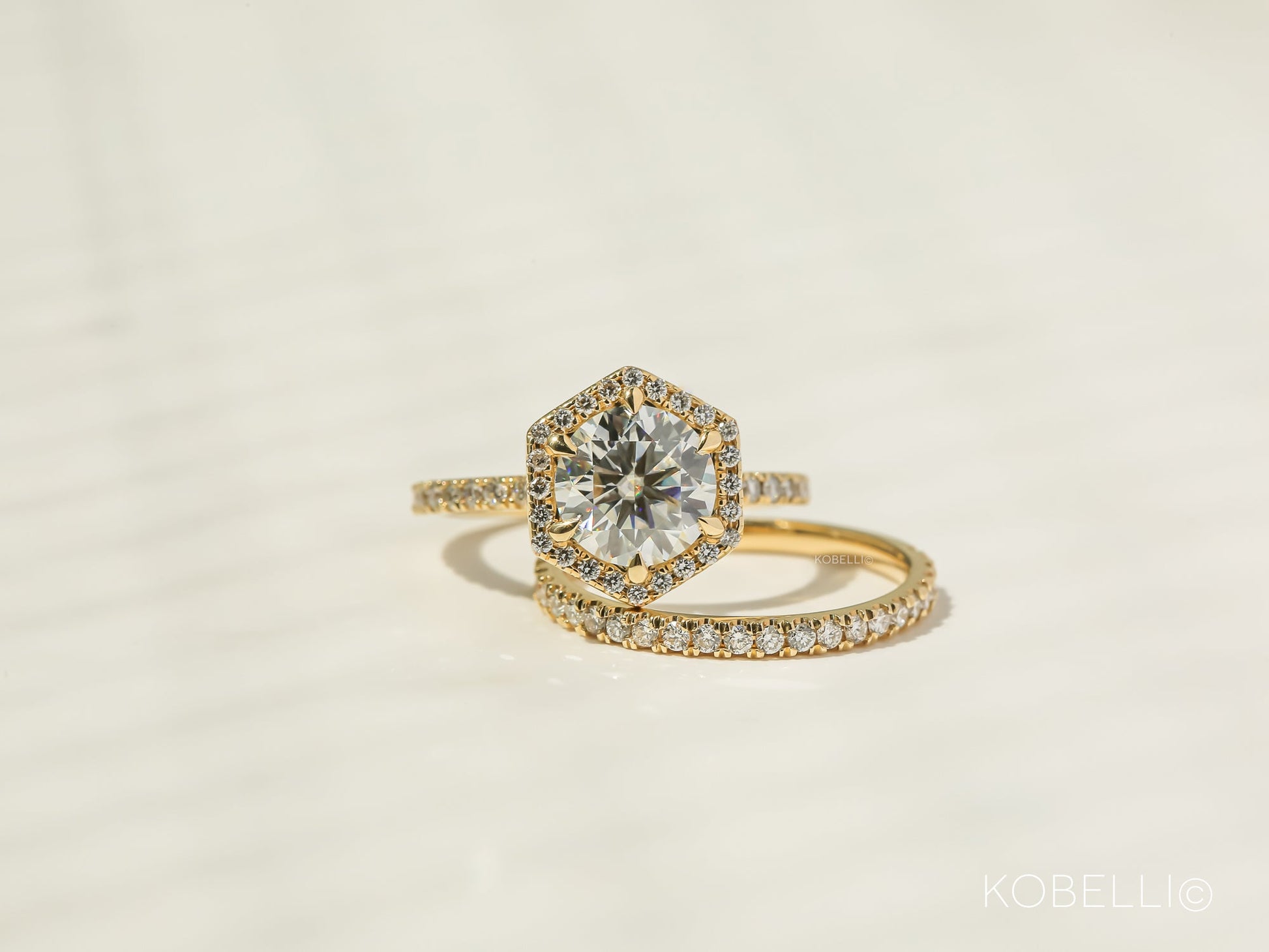 Kobelli Hexagon Halo 1.9ct Round Moissanite and Diamond Rings