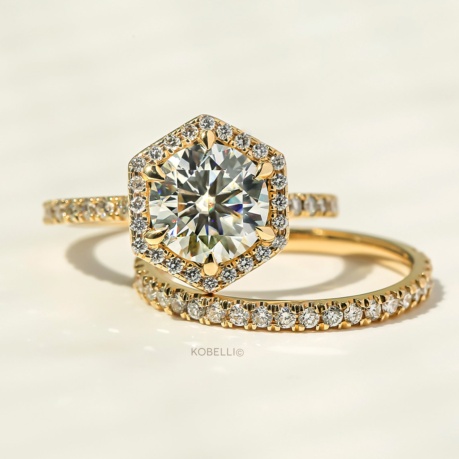 Kobelli Hexagon Halo 1.9ct Round Moissanite and Diamond Rings