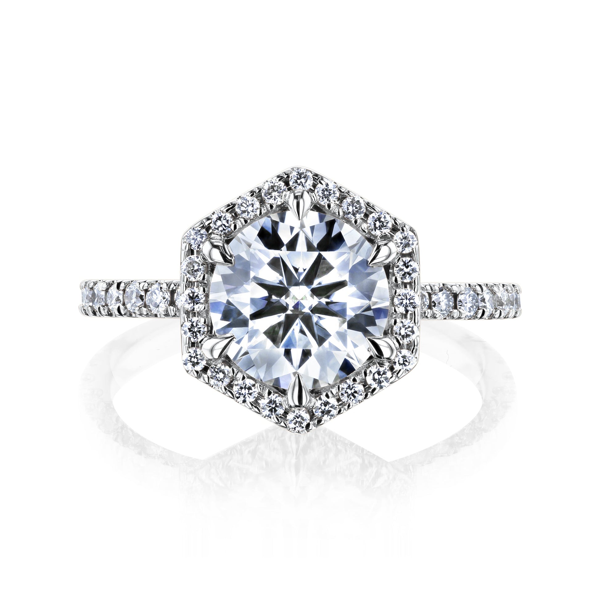 Kobelli Hexagon Halo 1.9ct Round Moissanite & 0.48ct Diamond Engagement Ring in 14k Gold - Saturday Collection