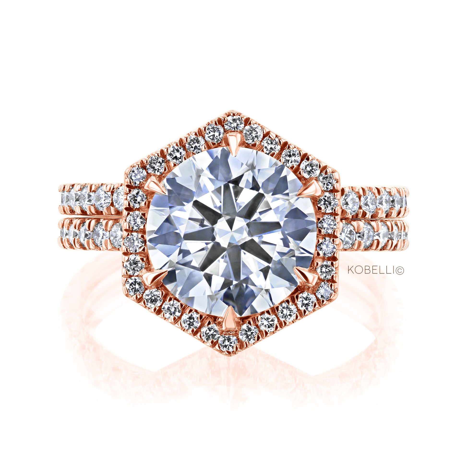 Kobelli Hexagon Halo 3.1ct Round Moissanite and Diamond Rings