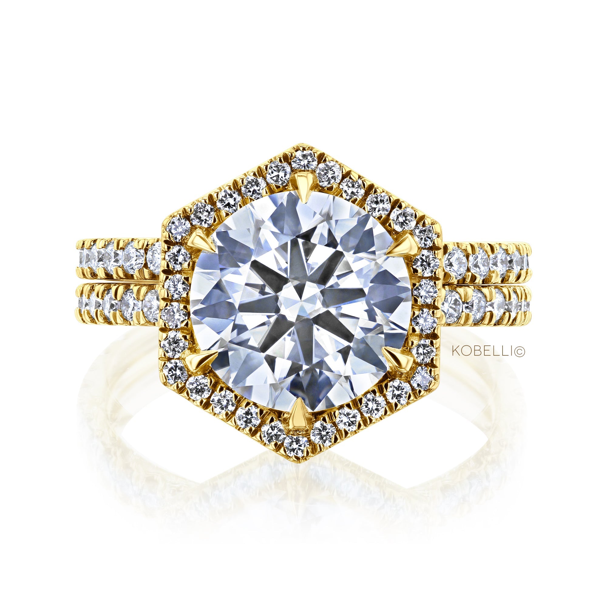 Kobelli Hexagon Halo 3.1ct Round Moissanite and Diamond Rings