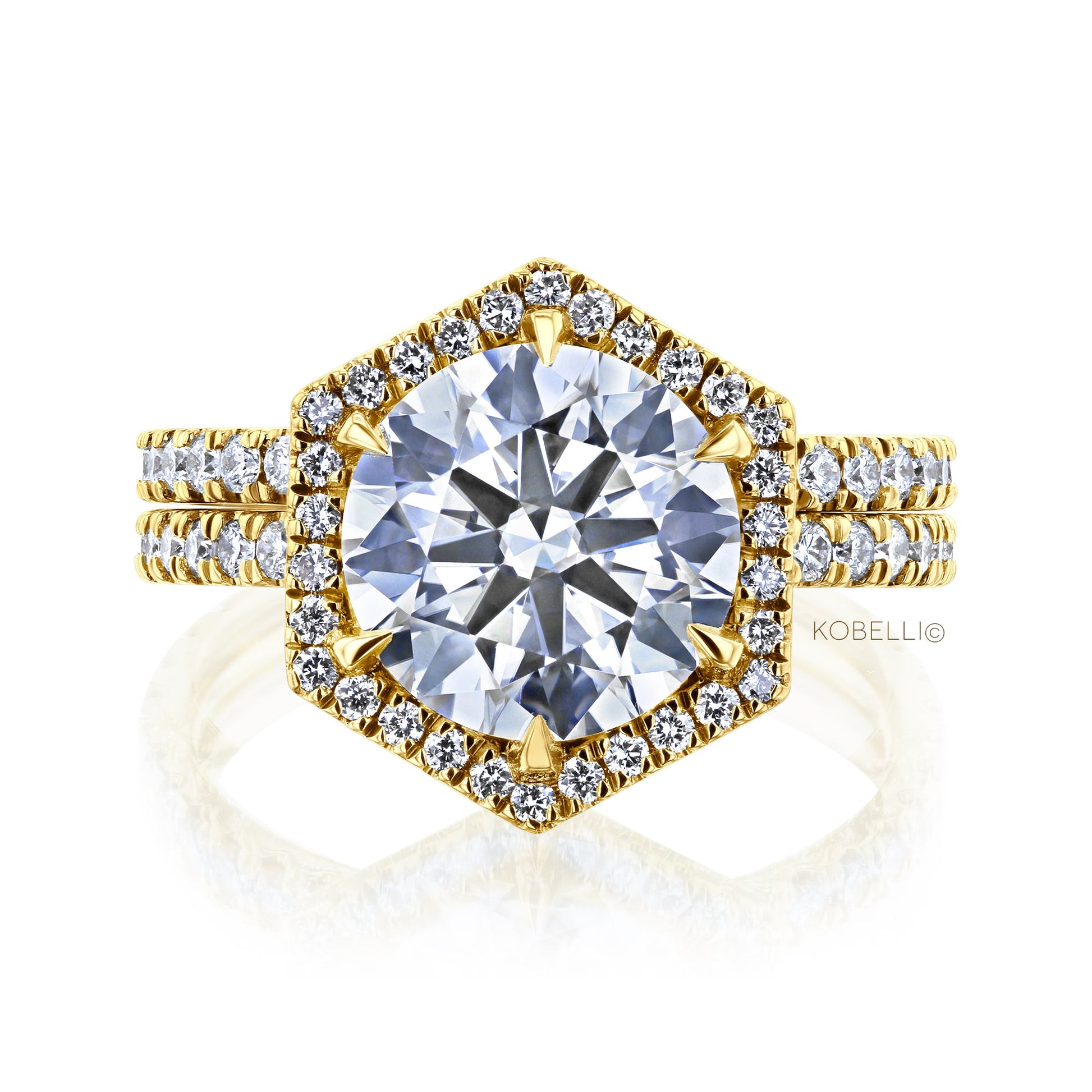 Kobelli Hexagon Halo 3.1ct Round Moissanite and Diamond Rings