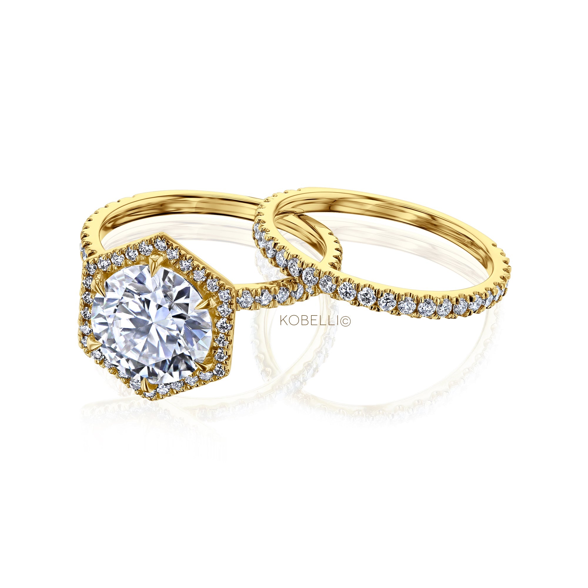 Kobelli Hexagon Halo 3.1ct Round Moissanite and Diamond Rings