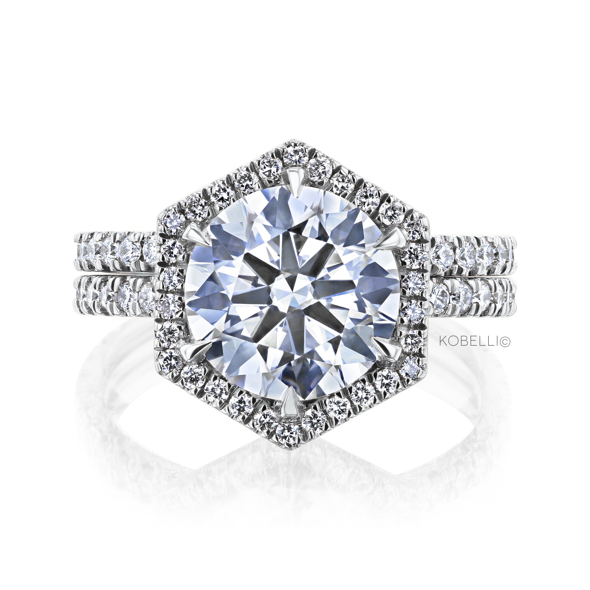 Kobelli Hexagon Halo 3.1ct Round Moissanite and Diamond Rings