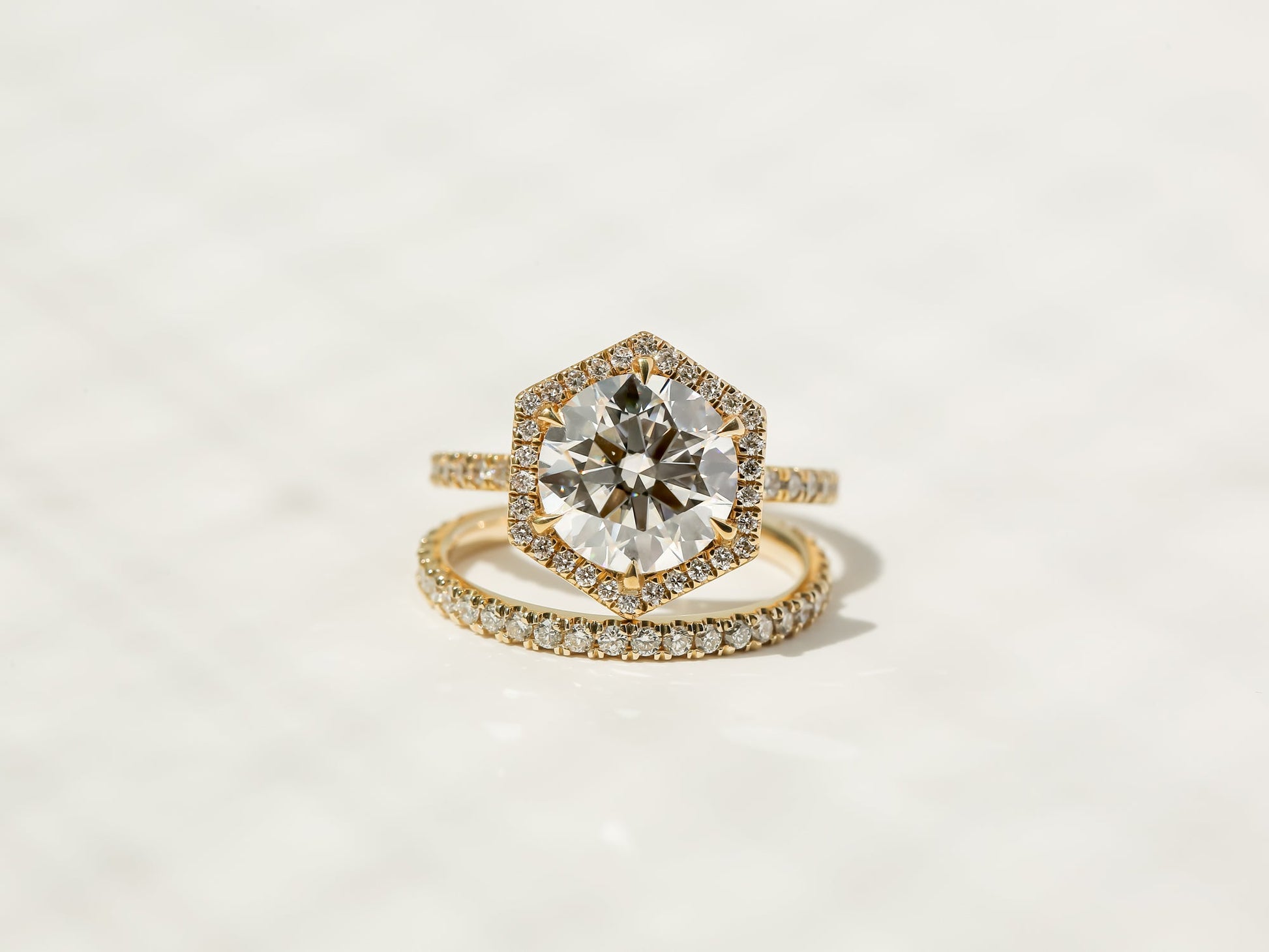 Kobelli Hexagon Halo 3.1ct Round Moissanite and Diamond Rings