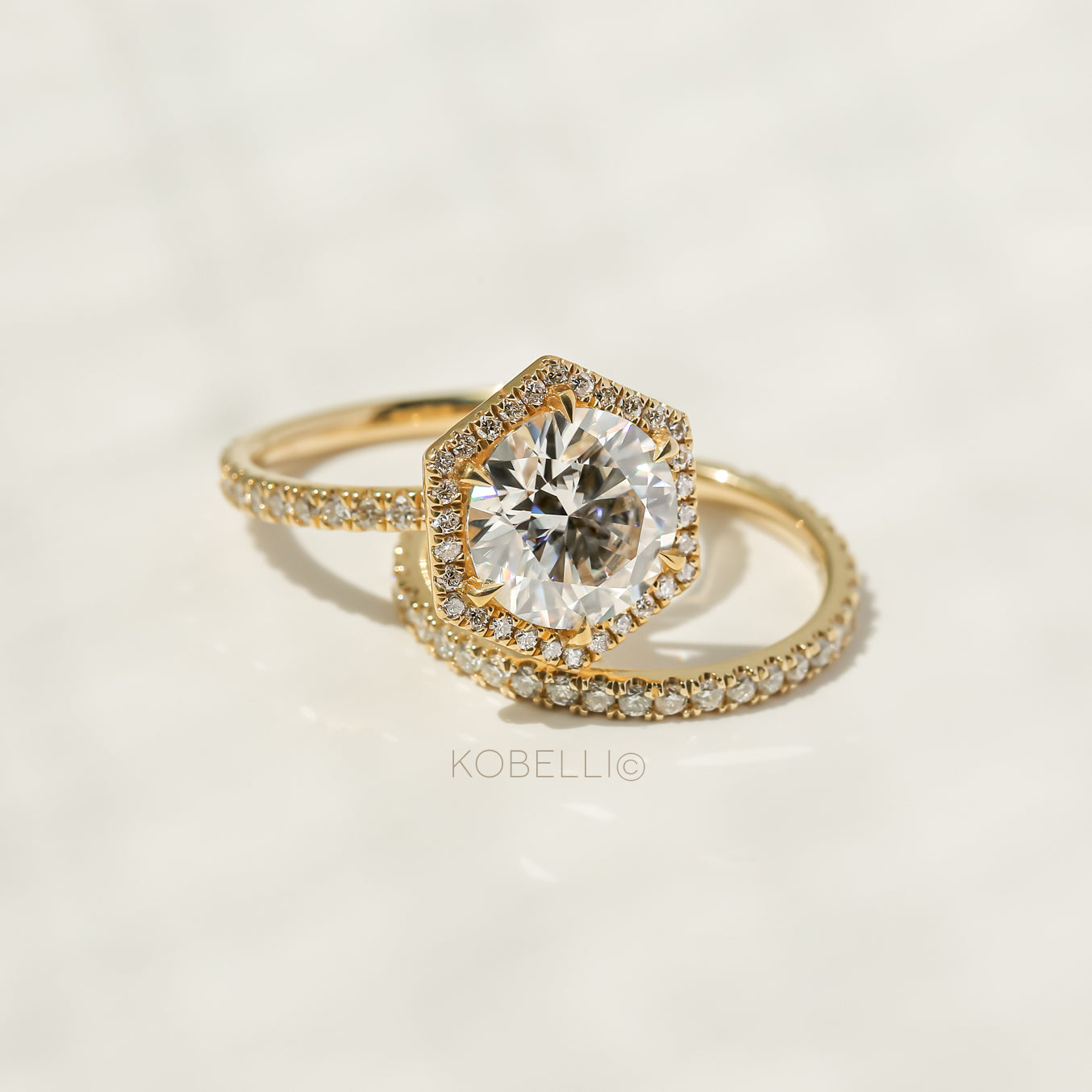 Kobelli Hexagon Halo 3.1ct Round Moissanite and Diamond Rings