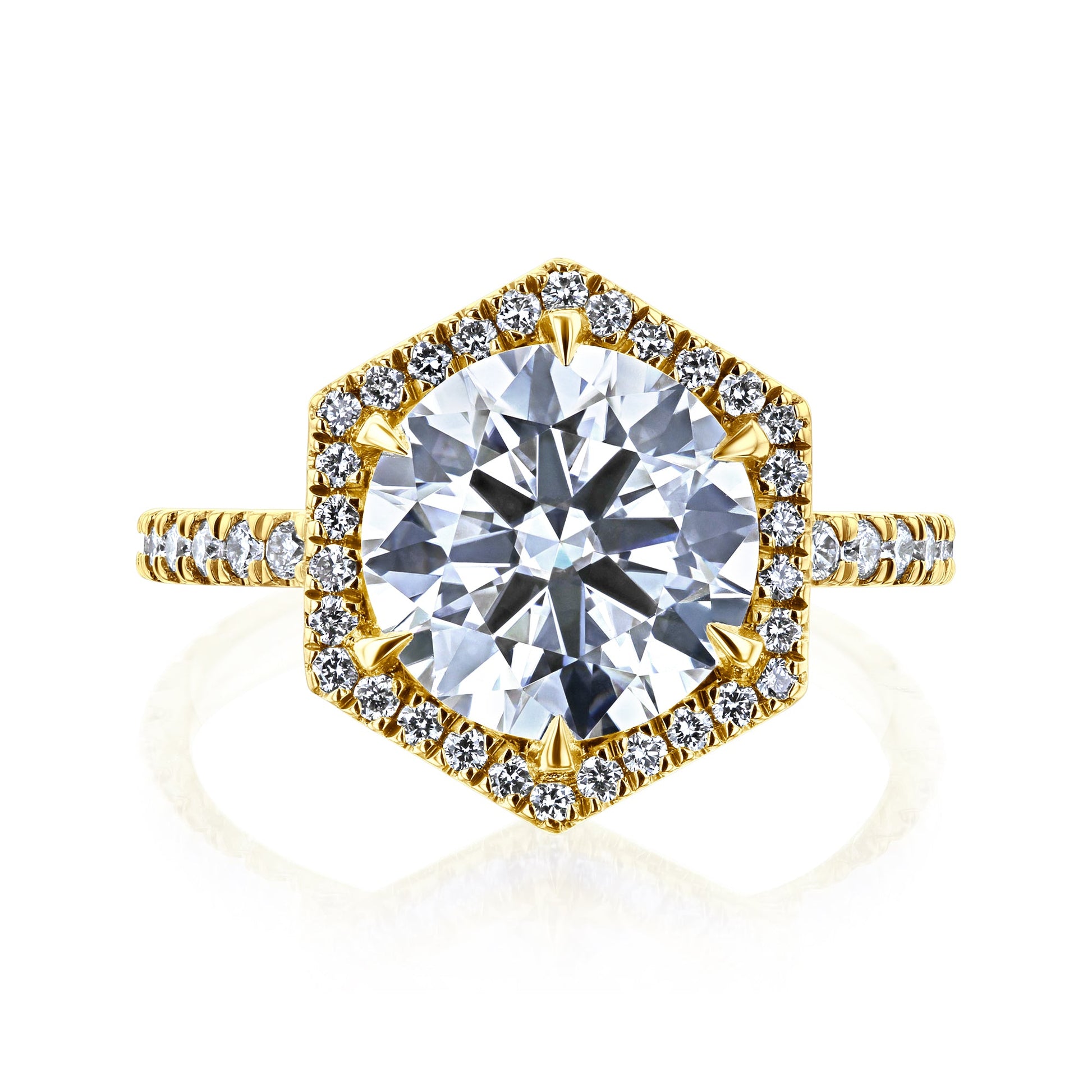 Kobelli Hexagon Halo 3.1ct Round Moissanite & 0.50ct Diamond Engagement Ring in 14k Gold - Saturday Collection