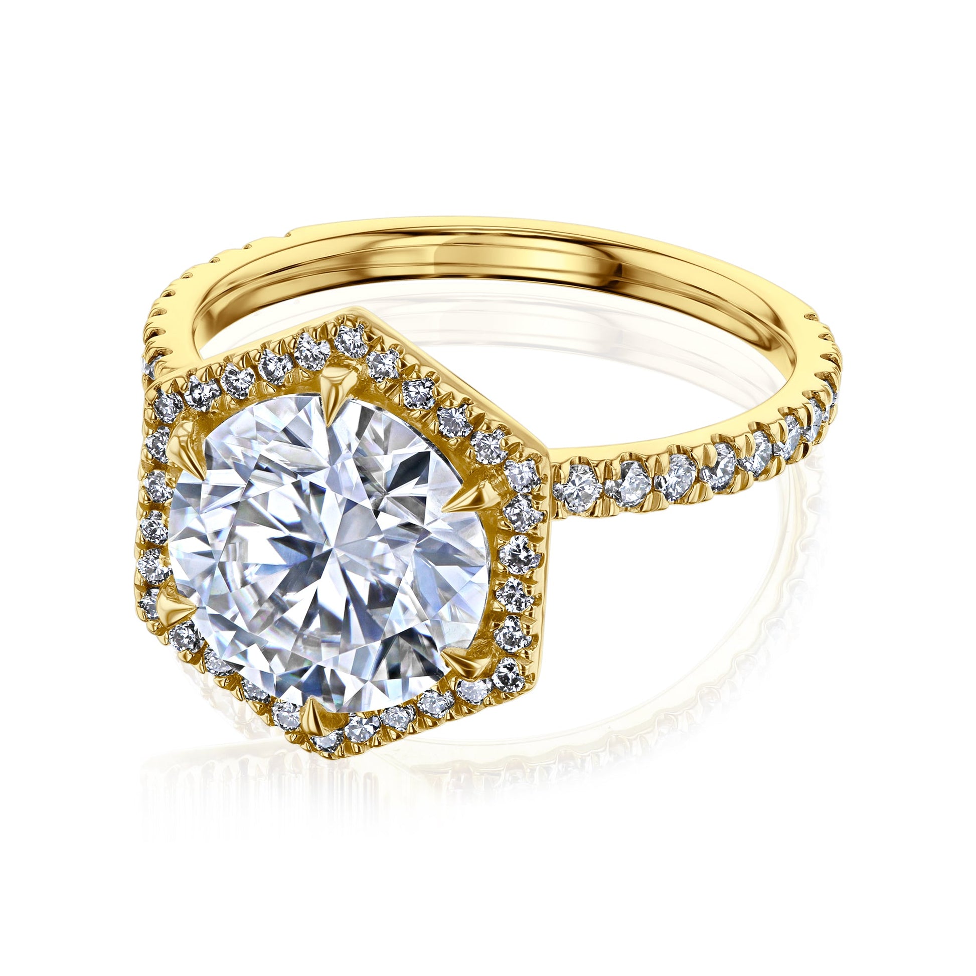 Kobelli Hexagon Halo 3.1ct Round Moissanite & 0.50ct Diamond Engagement Ring in 14k Gold - Saturday Collection