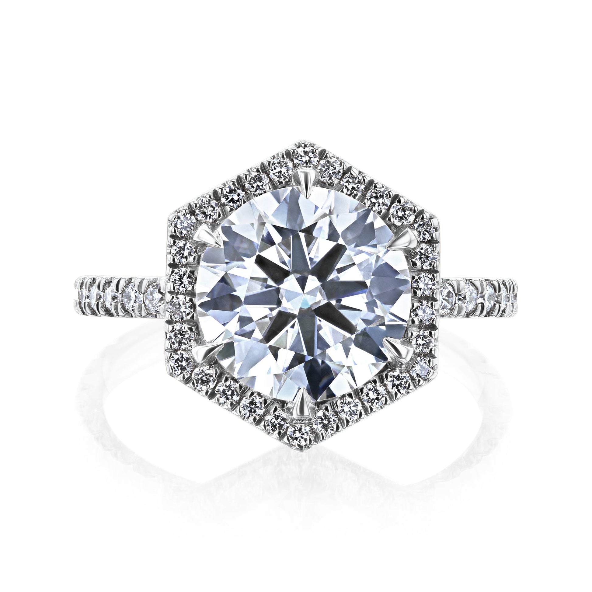 Kobelli Hexagon Halo 3.1ct Round Moissanite & 0.50ct Diamond Engagement Ring in 14k Gold - Saturday Collection