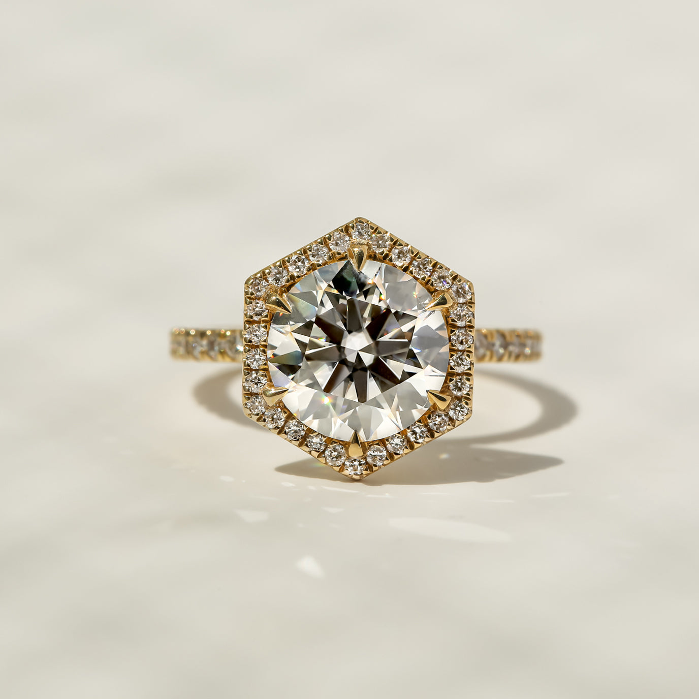 Kobelli Hexagon Halo 3.1ct Round Moissanite & 0.50ct Diamond Engagement Ring in 14k Gold - Saturday Collection