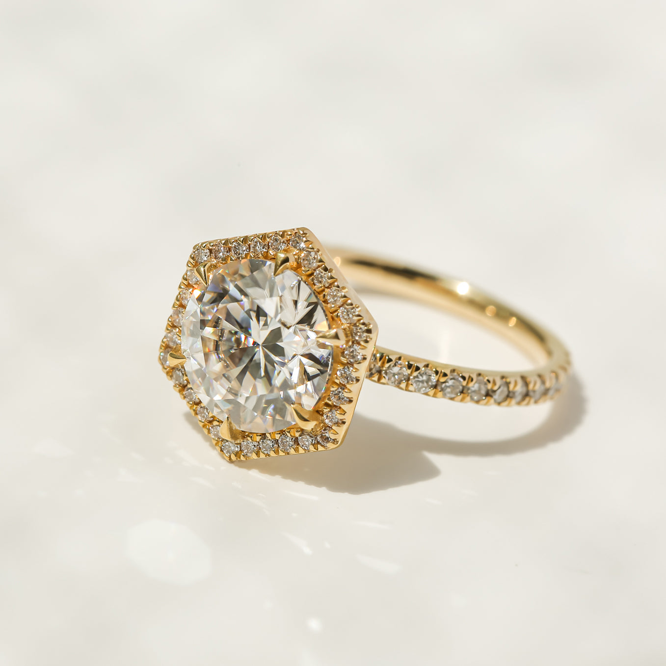Kobelli Hexagon Halo 3.1ct Round Moissanite & 0.50ct Diamond Engagement Ring in 14k Gold - Saturday Collection