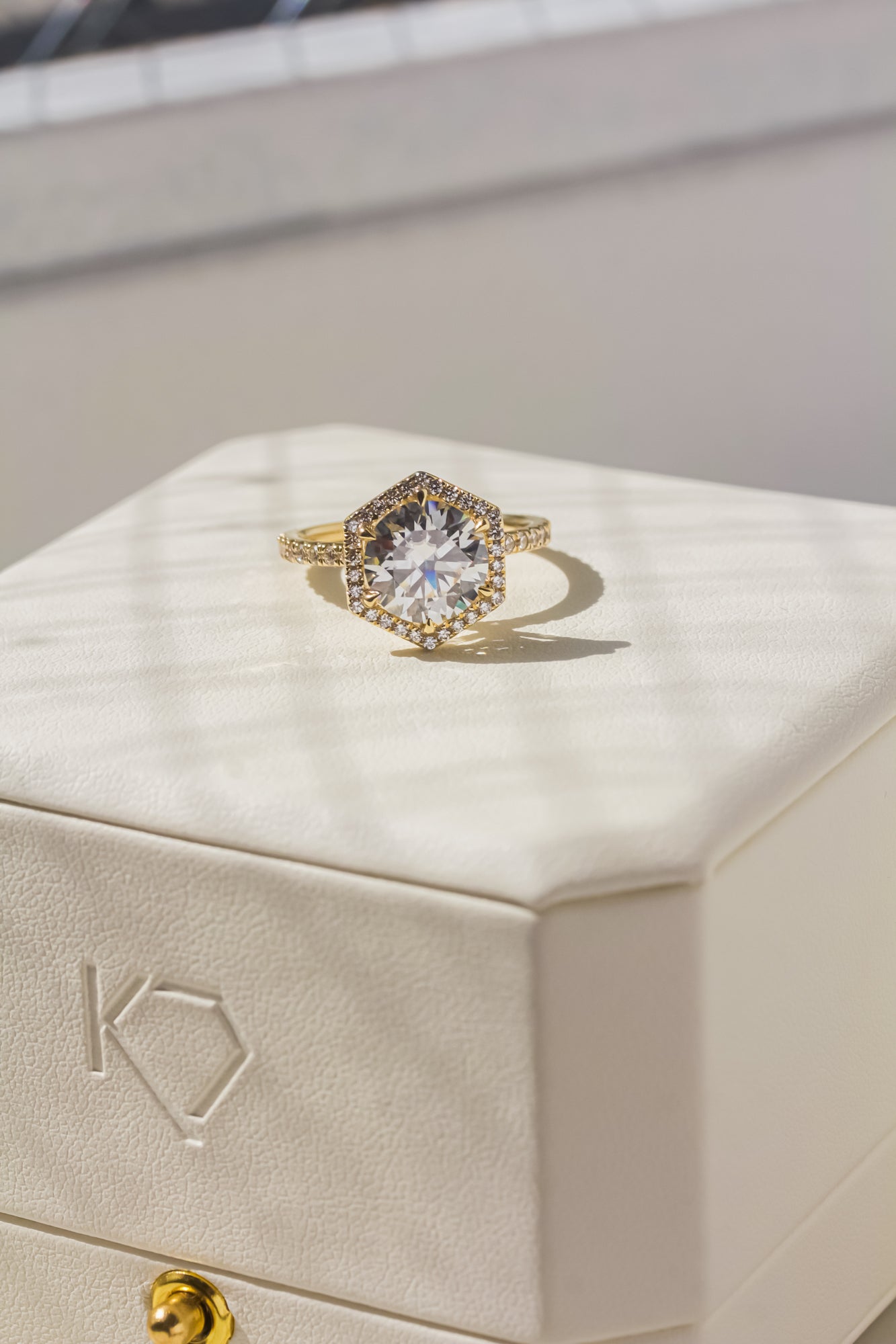 Kobelli Hexagon Halo 3.1ct Round Moissanite & 0.50ct Diamond Engagement Ring in 14k Gold - Saturday Collection