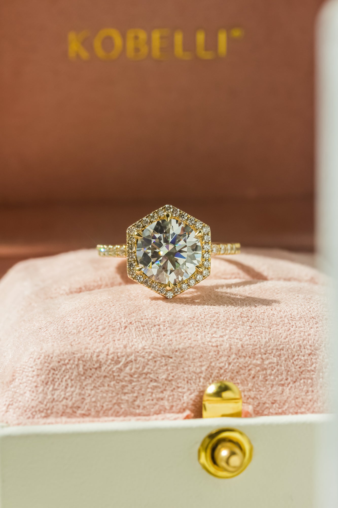 Kobelli Hexagon Halo 3.1ct Round Moissanite & 0.50ct Diamond Engagement Ring in 14k Gold - Saturday Collection