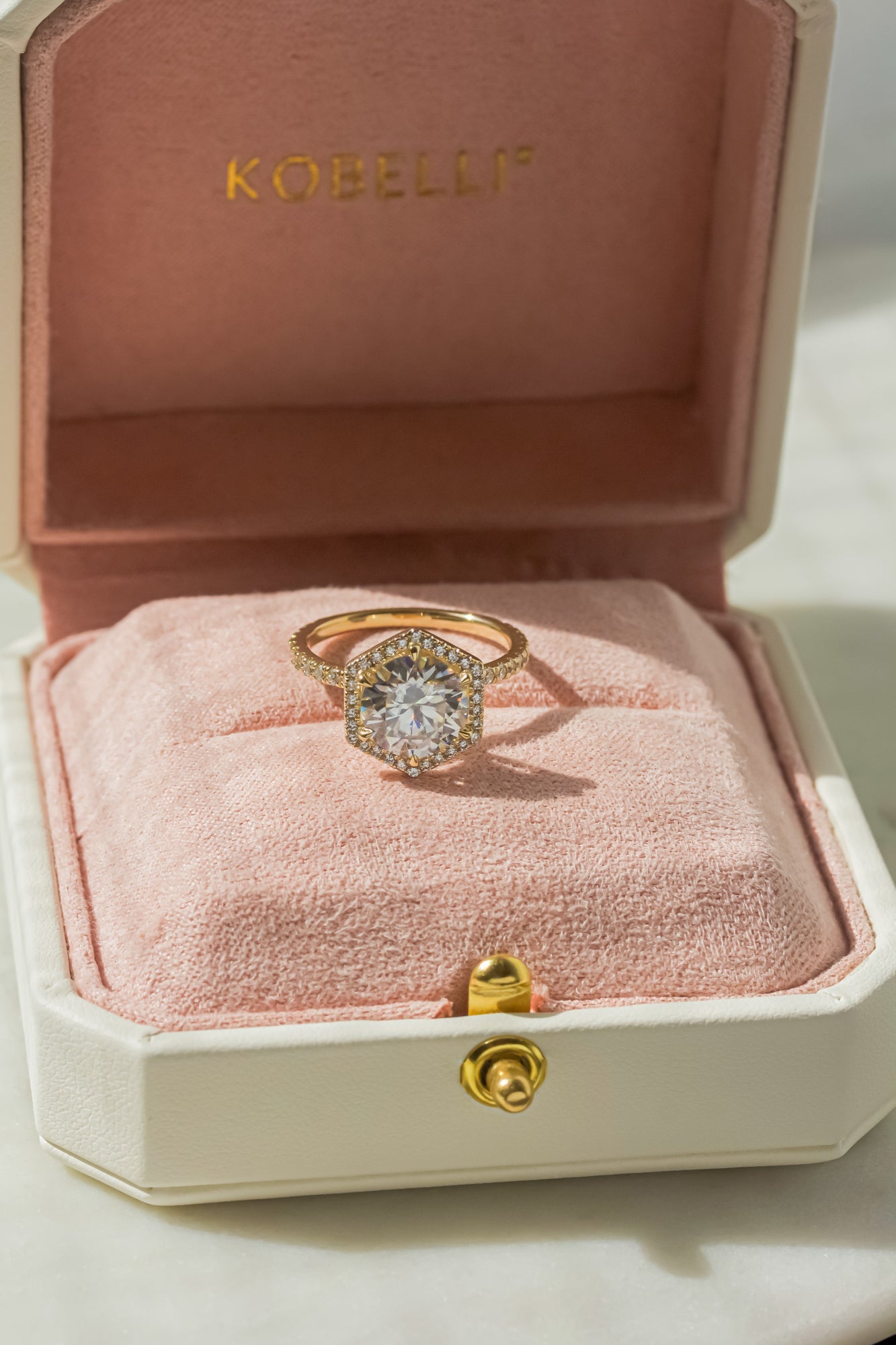Kobelli Hexagon Halo 3.1ct Round Moissanite & 0.50ct Diamond Engagement Ring in 14k Gold - Saturday Collection