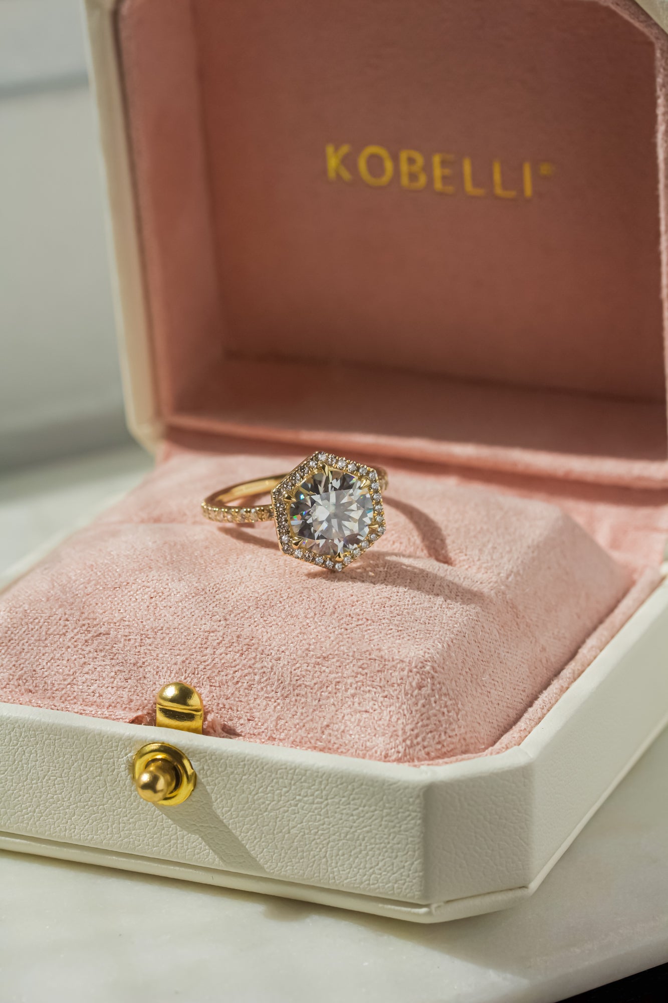 Kobelli Hexagon Halo 3.1ct Round Moissanite & 0.50ct Diamond Engagement Ring in 14k Gold - Saturday Collection