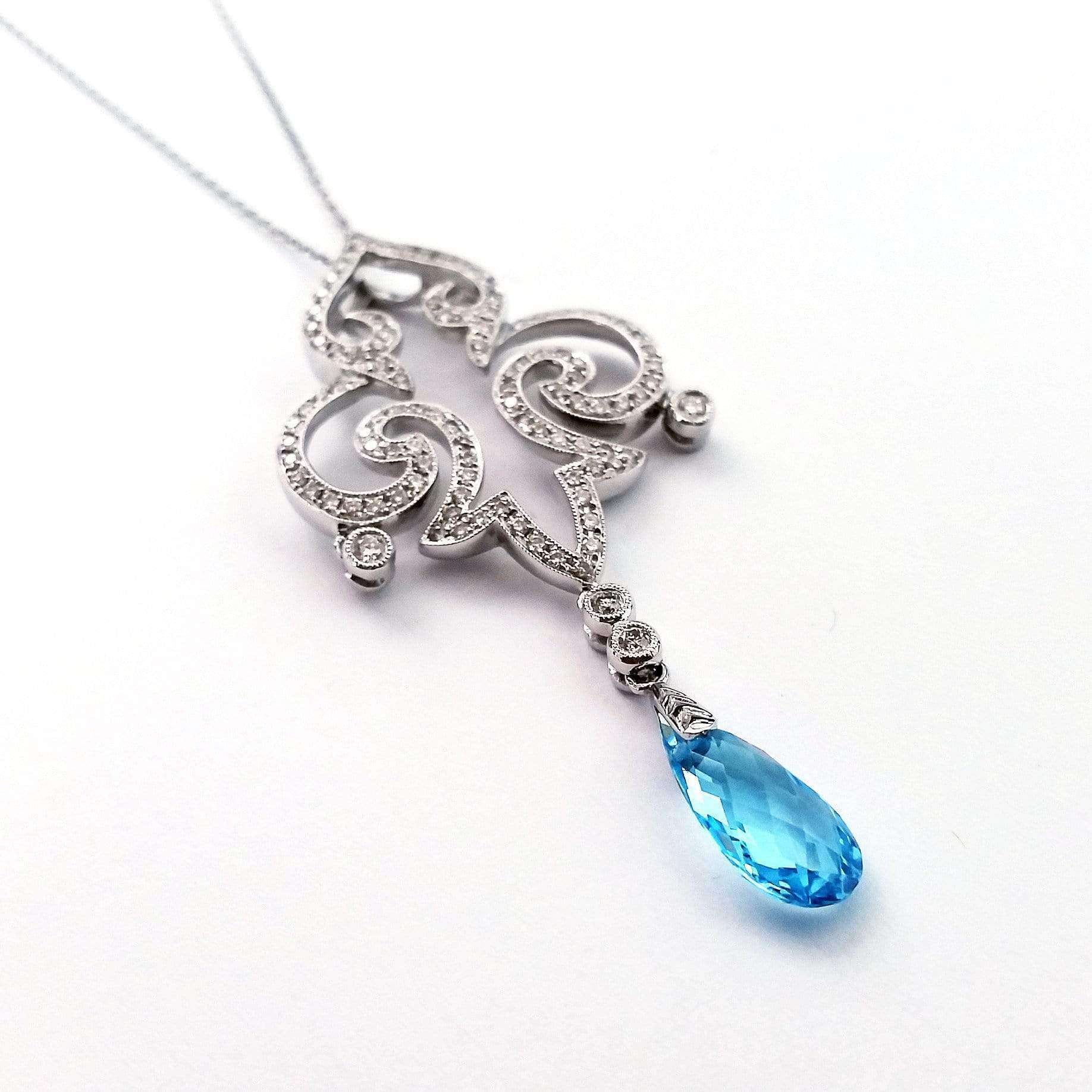 Kobelli Pear Briolette Blue Topaz and Diamond Vintage Filigree Pendant Necklace C110BTX