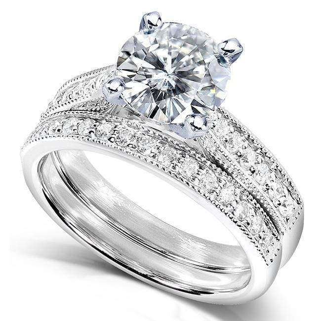 Kobelli Forever One (D-F) Moissanite & Diamond Bridal Set 1 4/5 Carat (ctw) in 14k White Gold