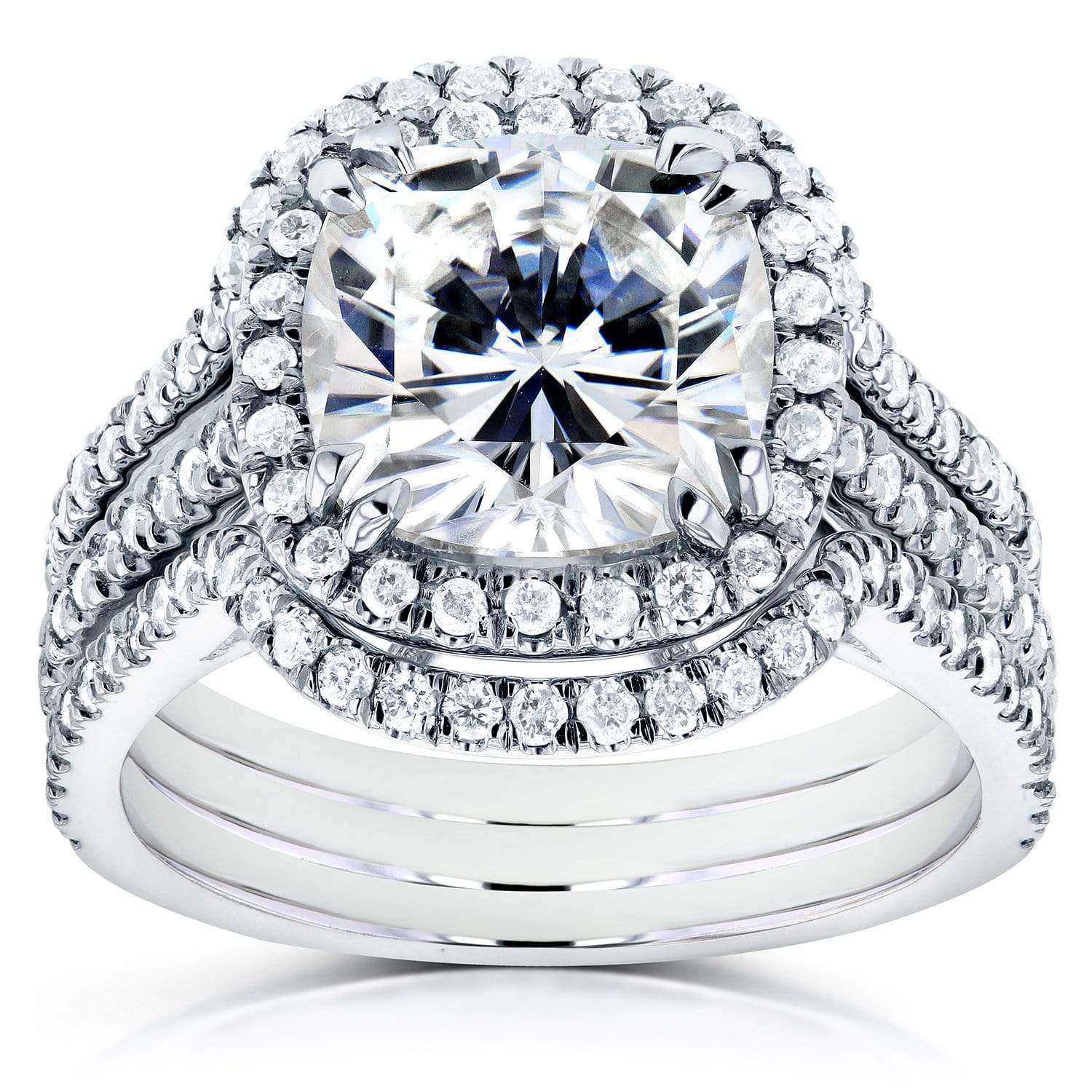 Kobelli Cushion Moissanite Bridal Set with Halo Diamond 3 1/2 CTW 14k White Gold (3 Piece Set)