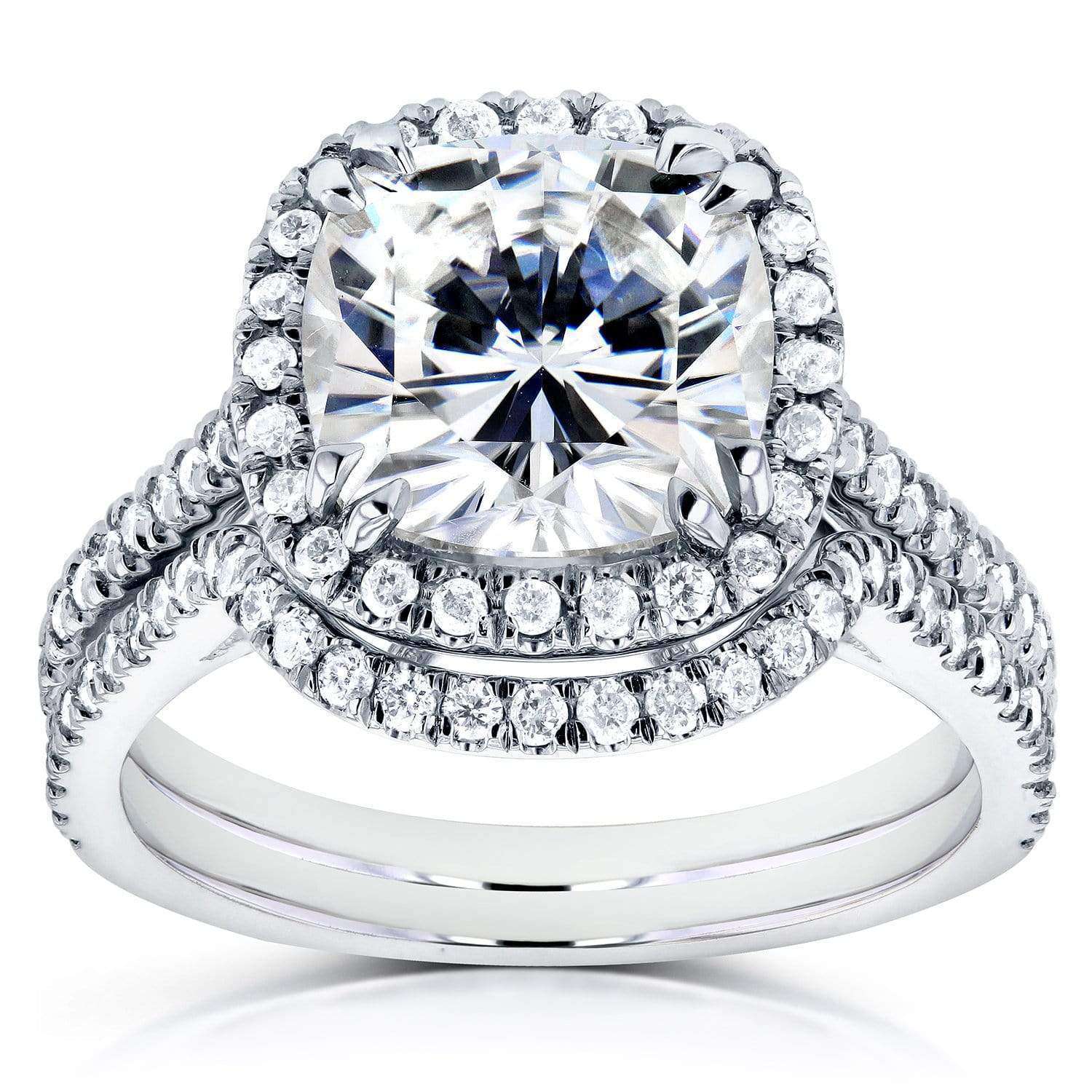 Kobelli Cushion Moissanite Bridal Set with Halo Diamond 3 1/4 CTW 14k White Gold