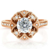 Anel de noivado Kobelli Antique Forever One (DF) Moissanite com diamante 1 1/5 CTW ouro rosa 14k