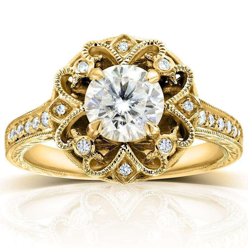 Anel de noivado Kobelli Antique Forever One (DF) Moissanite com diamante 1 1/5 CTW ouro amarelo 14k