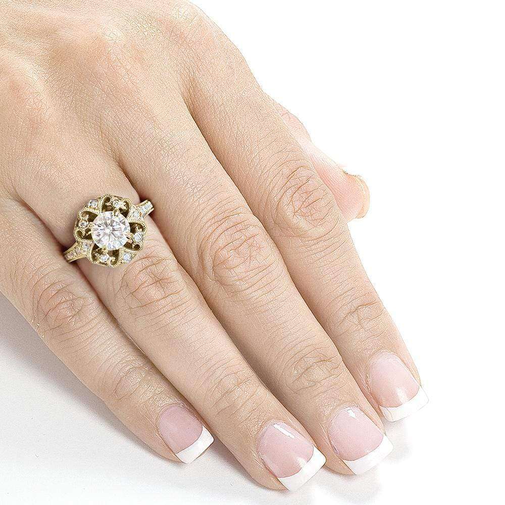 Kobelli Antique Round Moissanite Engagement Ring with Diamond 1 1/5 CTW 14k Yellow Gold