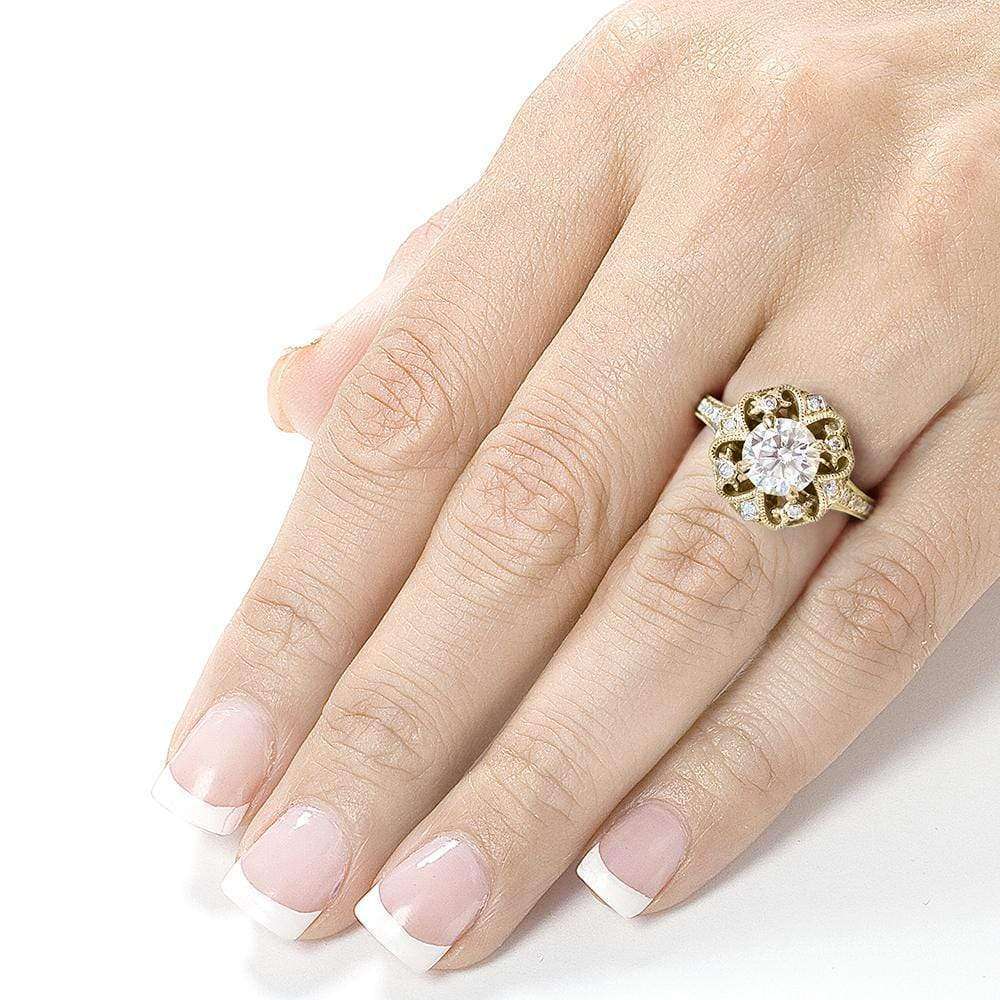 Kobelli Antique Forever One (D-F) Moissanite Engagement Ring with Diamond 1 1/5 CTW 14k Yellow Gold