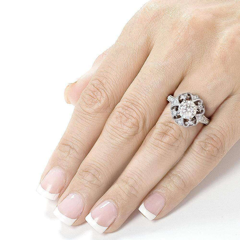 Kobelli Antique Round Moissanite Engagement Ring with Diamond 1 1/5 CTW 14k White Gold