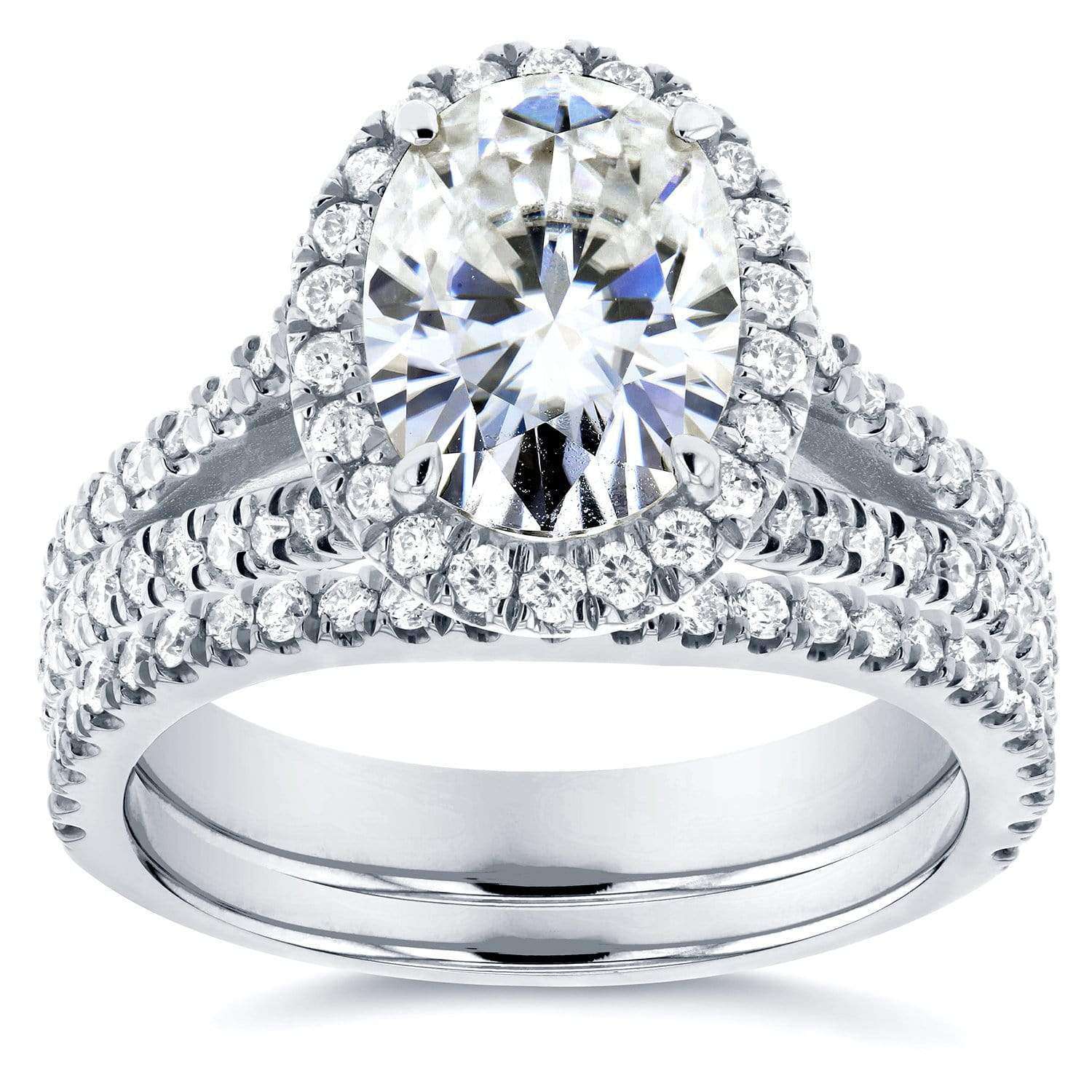 Kobelli Oval Moissanite Bridal Set with Diamond Halo Split Shank 2 1/5 CTW 14k White Gold