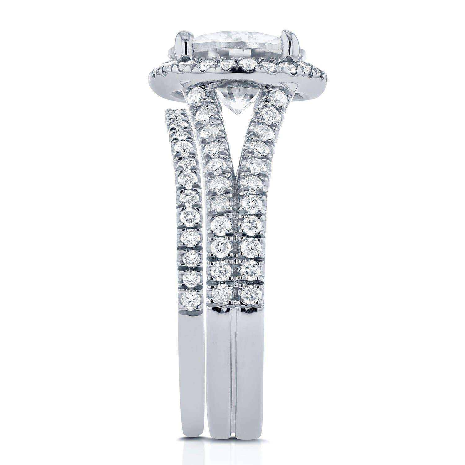 Kobelli Oval Moissanite Bridal Set with Diamond Halo Split Shank 2 1/5 CTW 14k White Gold