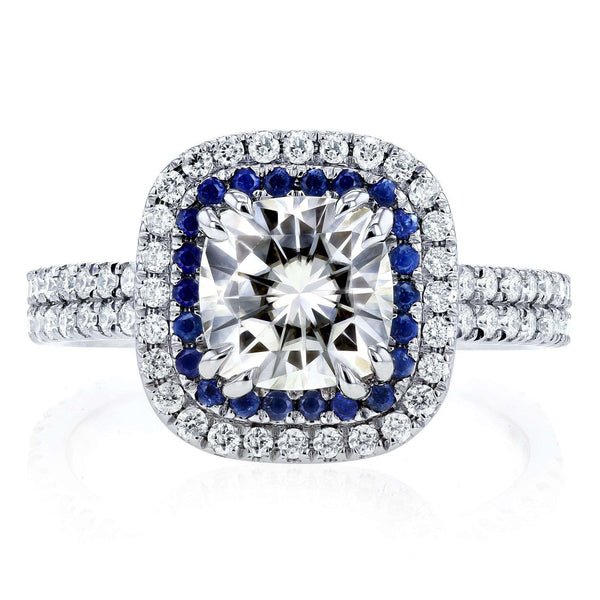 Kobelli 2 Carat TW Moissanite with Diamond and Sapphire Cushion Halo Engagement Ring in 14k White Gold